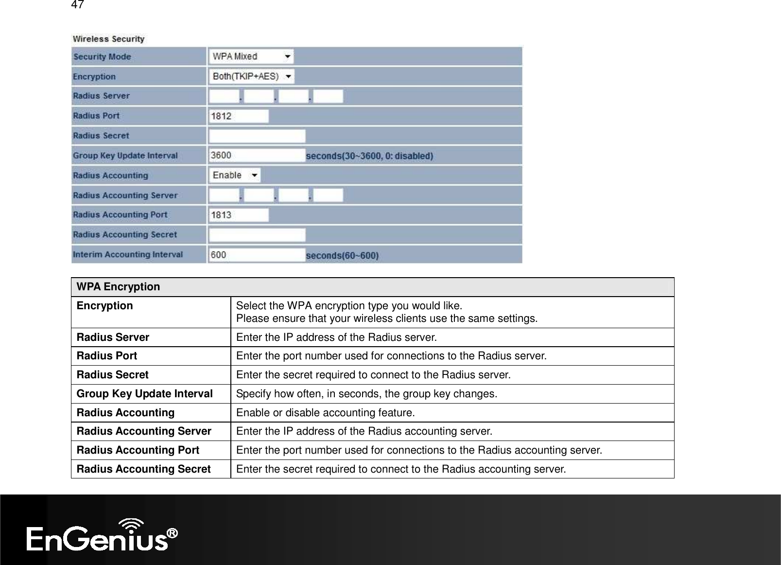 47    WPA Encryption Encryption  Select the WPA encryption type you would like. Please ensure that your wireless clients use the same settings. Radius Server  Enter the IP address of the Radius server. Radius Port  Enter the port number used for connections to the Radius server. Radius Secret  Enter the secret required to connect to the Radius server. Group Key Update Interval  Specify how often, in seconds, the group key changes. Radius Accounting  Enable or disable accounting feature. Radius Accounting Server  Enter the IP address of the Radius accounting server. Radius Accounting Port  Enter the port number used for connections to the Radius accounting server. Radius Accounting Secret  Enter the secret required to connect to the Radius accounting server. 