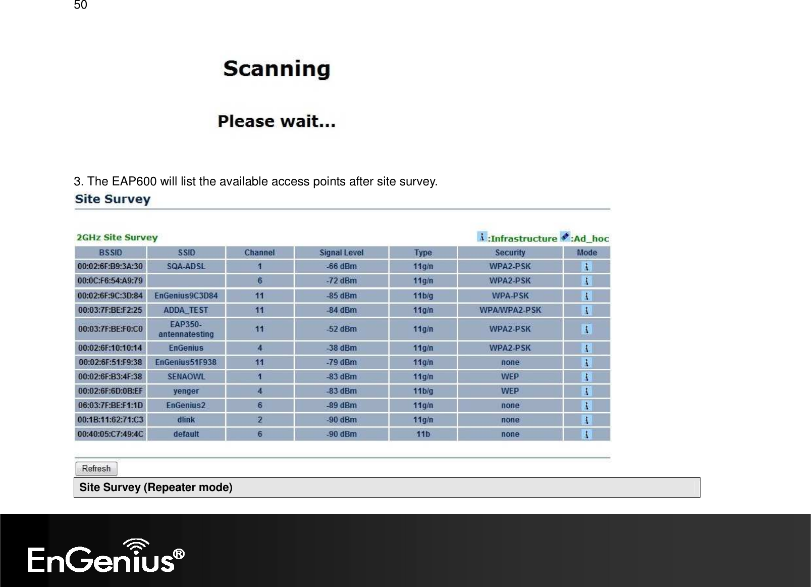 50    3. The EAP600 will list the available access points after site survey.  Site Survey (Repeater mode) 