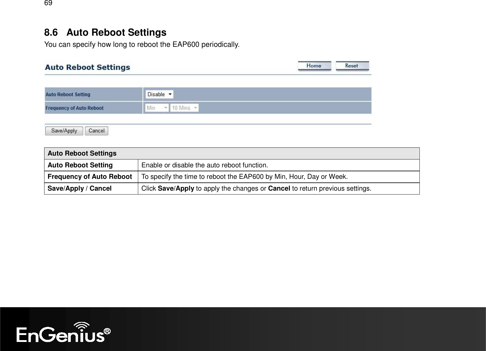 69  8.6  Auto Reboot Settings You can specify how long to reboot the EAP600 periodically.    Auto Reboot Settings Auto Reboot Setting  Enable or disable the auto reboot function. Frequency of Auto Reboot  To specify the time to reboot the EAP600 by Min, Hour, Day or Week. Save/Apply / Cancel  Click Save/Apply to apply the changes or Cancel to return previous settings.   