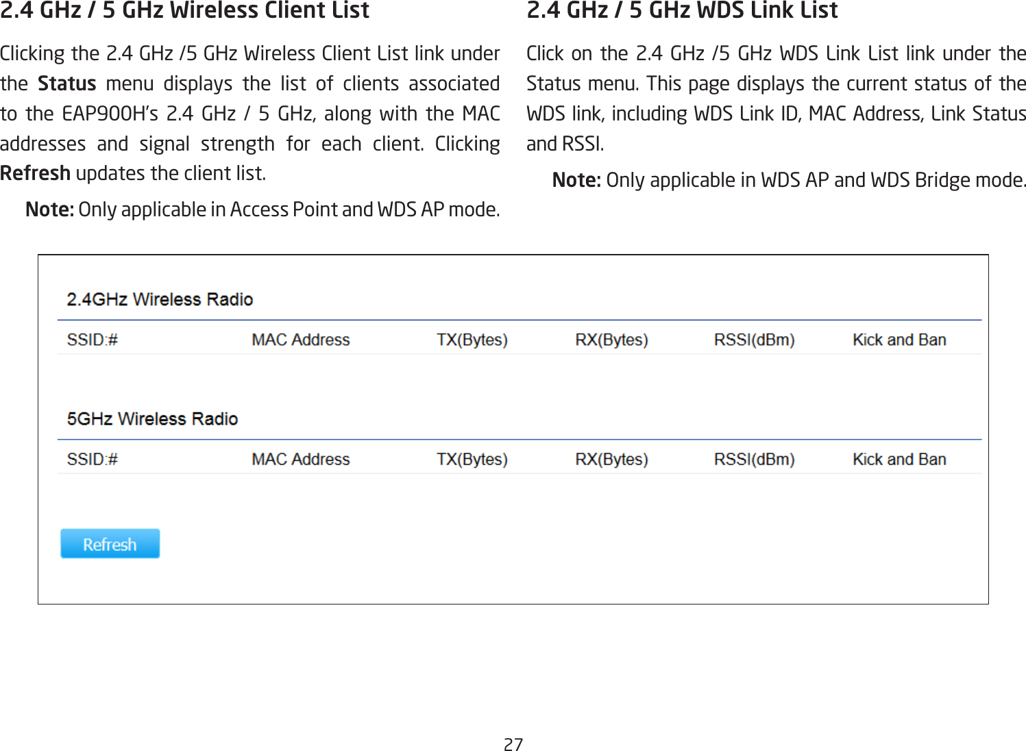 272.4 GHz / 5 GHz Wireless Client ListClicking the 2.4 GHz /5 GHz Wireless Client List link under the  Status menu displays the list of clients associated to the EAP900H’s 2.4 GHz / 5 GHz, along with the MAC addresses and signal strength for each client. Clicking Refresh updates the client list.Note: Only applicable in Access Point and WDS AP mode.2.4 GHz / 5 GHz WDS Link ListClick on the 2.4 GHz /5 GHz WDS Link List link under the Status menu. This page displays the current status of the WDS link, including WDS Link ID, MAC Address, Link Status and RSSI.Note: Only applicable in WDS AP and WDS Bridge mode.