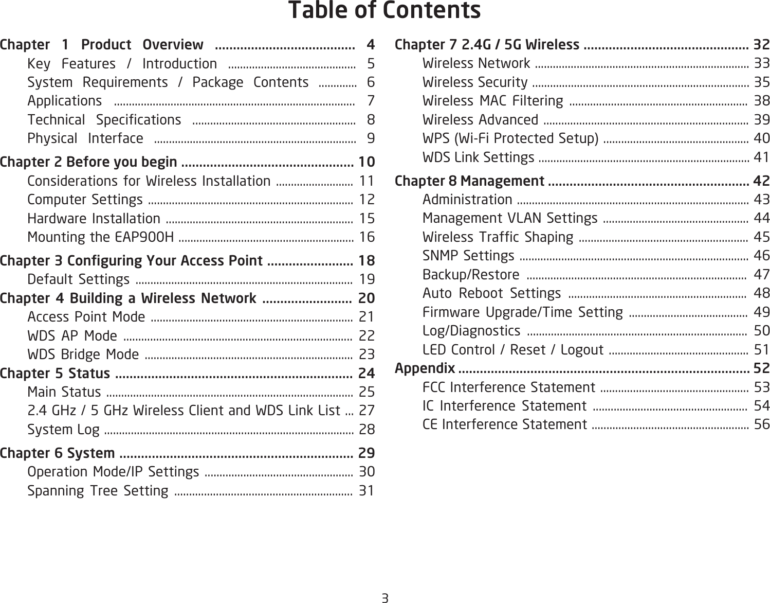 3Chapter 1 Product Overview ....................................... 4  Key Features / Introduction ........................................... 5  System Requirements / Package Contents ............. 6  Applications ................................................................................. 7 Technical Specications ....................................................... 8  Physical Interface .................................................................... 9Chapter 2 Before you begin ................................................ 10  Considerations for Wireless Installation .......................... 11  Computer Settings ..................................................................... 12  Hardware Installation ............................................................... 15  Mounting the EAP900H ........................................................... 16Chapter 3 Conguring Your Access Point ........................ 18    Default Settings ......................................................................... 19Chapter 4 Building a Wireless Network ......................... 20  Access Point Mode .................................................................... 21  WDS AP Mode ............................................................................. 22  WDS Bridge Mode ...................................................................... 23Chapter 5 Status .................................................................. 24   Main Status ................................................................................... 25  2.4 GHz / 5 GHz Wireless Client and WDS Link List ... 27 SystemLog....................................................................................28Chapter 6 System ................................................................. 29  Operation Mode/IP Settings .................................................. 30  Spanning Tree Setting ............................................................ 31Chapter 7 2.4G / 5G Wireless .............................................. 32  Wireless Network ........................................................................ 33  Wireless Security ......................................................................... 35 Wireless MAC Filtering ............................................................ 38  Wireless Advanced ..................................................................... 39  WPS (Wi-Fi Protected Setup) ................................................. 40  WDS Link Settings ....................................................................... 41Chapter 8 Management ........................................................ 42  Administration .............................................................................. 43  Management VLAN Settings ................................................. 44 Wireless Trafc Shaping ......................................................... 45  SNMP Settings ............................................................................. 46  Backup/Restore .......................................................................... 47 Auto Reboot Settings ............................................................ 48  Firmware Upgrade/Time Setting ........................................ 49  Log/Diagnostics .......................................................................... 50  LED Control / Reset / Logout ............................................... 51Appendix ................................................................................. 52    FCC Interference Statement .................................................. 53  IC Interference Statement .................................................... 54  CE Interference Statement ..................................................... 56 Table of Contents