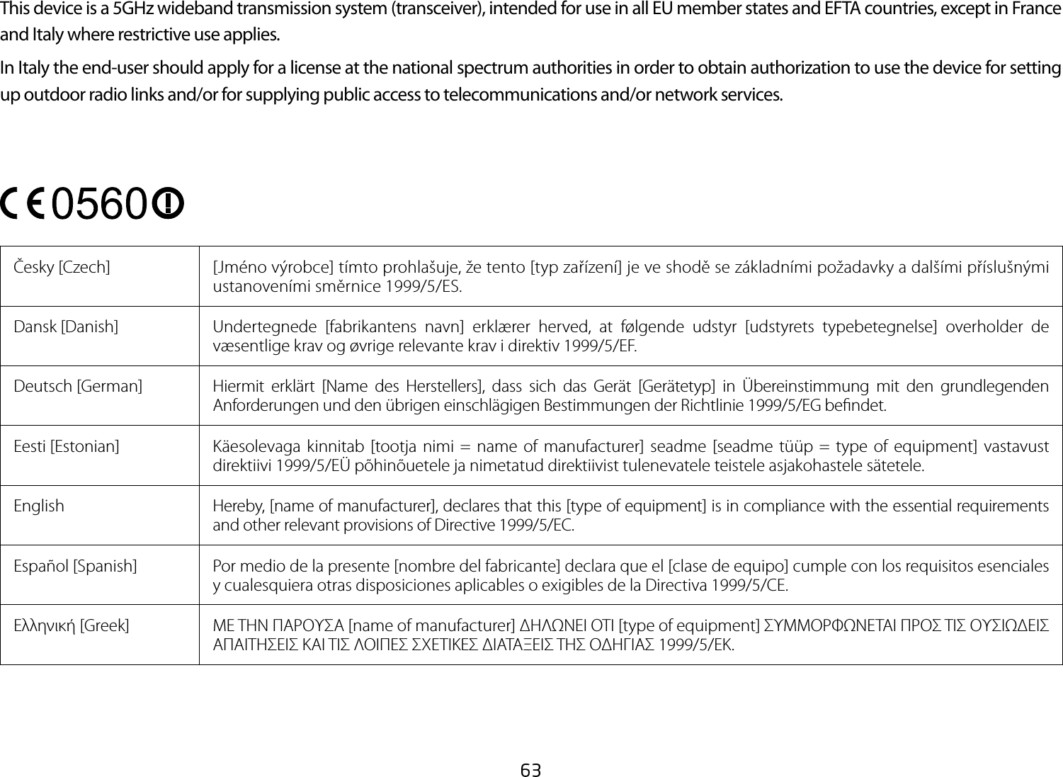 This device is a 5GHz wideband transmission system (transceiver), intended for use in all EU member states and EFTA countries, except in France and Italy where restrictive use applies.In Italy the end-user should apply for a license at the national spectrum authorities in order to obtain authorization to use the device for setting up outdoor radio links and/or for supplying public access to telecommunications and/or network services.Česky [Czech]  [Jméno výrobce] tímto prohlašuje, že tento [typ zařízení] je ve shodě se základními požadavky a dalšími příslušnými ustanoveními směrnice 1999/5/ES.Dansk [Danish]  Undertegnede  [fabrikantens  navn]  erklærer  herved,  at  følgende  udstyr  [udstyrets  typebetegnelse]  overholder  de væsentlige krav og øvrige relevante krav i direktiv 1999/5/EF.Deutsch [German]  Hiermit  erklärt  [Name  des  Herstellers],  dass  sich  das  Gerät  [Gerätetyp]  in  Übereinstimmung  mit  den  grundlegenden Anforderungen und den übrigen einschlägigen Bestimmungen der Richtlinie 1999/5/EG be ndet.Eesti [Estonian] Käesolevaga kinnitab  [tootja nimi  = name of  manufacturer] seadme [seadme  tüüp = type  of  equipment] vastavust direktiivi 1999/5/EÜ põhinõuetele ja nimetatud direktiivist tulenevatele teistele asjakohastele sätetele.English Hereby, [name of manufacturer], declares that this [type of equipment] is in compliance with the essential requirements and other relevant provisions of Directive 1999/5/EC.Español [Spanish]  Por medio de la presente [nombre del fabricante] declara que el [clase de equipo] cumple con los requisitos esenciales y cualesquiera otras disposiciones aplicables o exigibles de la Directiva 1999/5/CE.Ελληνική [Greek]  ΜΕ ΤΗΝ ΠΑΡΟΥΣΑ [name of manufacturer] ΔΗΛΩΝΕΙ ΟΤΙ [type of equipment] ΣΥΜΜΟΡΦΩΝΕΤΑΙ ΠΡΟΣ ΤΙΣ ΟΥΣΙΩΔΕΙΣ ΑΠΑΙΤΗΣΕΙΣ ΚΑΙ ΤΙΣ ΛΟΙΠΕΣ ΣΧΕΤΙΚΕΣ ΔΙΑΤΑΞΕΙΣ ΤΗΣ ΟΔΗΓΙΑΣ 1999/5/ΕΚ.