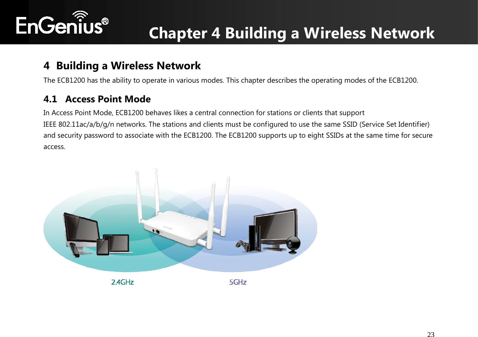 Chapter 4 Building a Wireless Network 23  4 Building a Wireless Network The ECB1200 has the ability to operate in various modes. This chapter describes the operating modes of the ECB1200. 4.1 Access Point Mode In Access Point Mode, ECB1200 behaves likes a central connection for stations or clients that support  IEEE 802.11ac/a/b/g/n networks. The stations and clients must be configured to use the same SSID (Service Set Identifier) and security password to associate with the ECB1200. The ECB1200 supports up to eight SSIDs at the same time for secure access.    