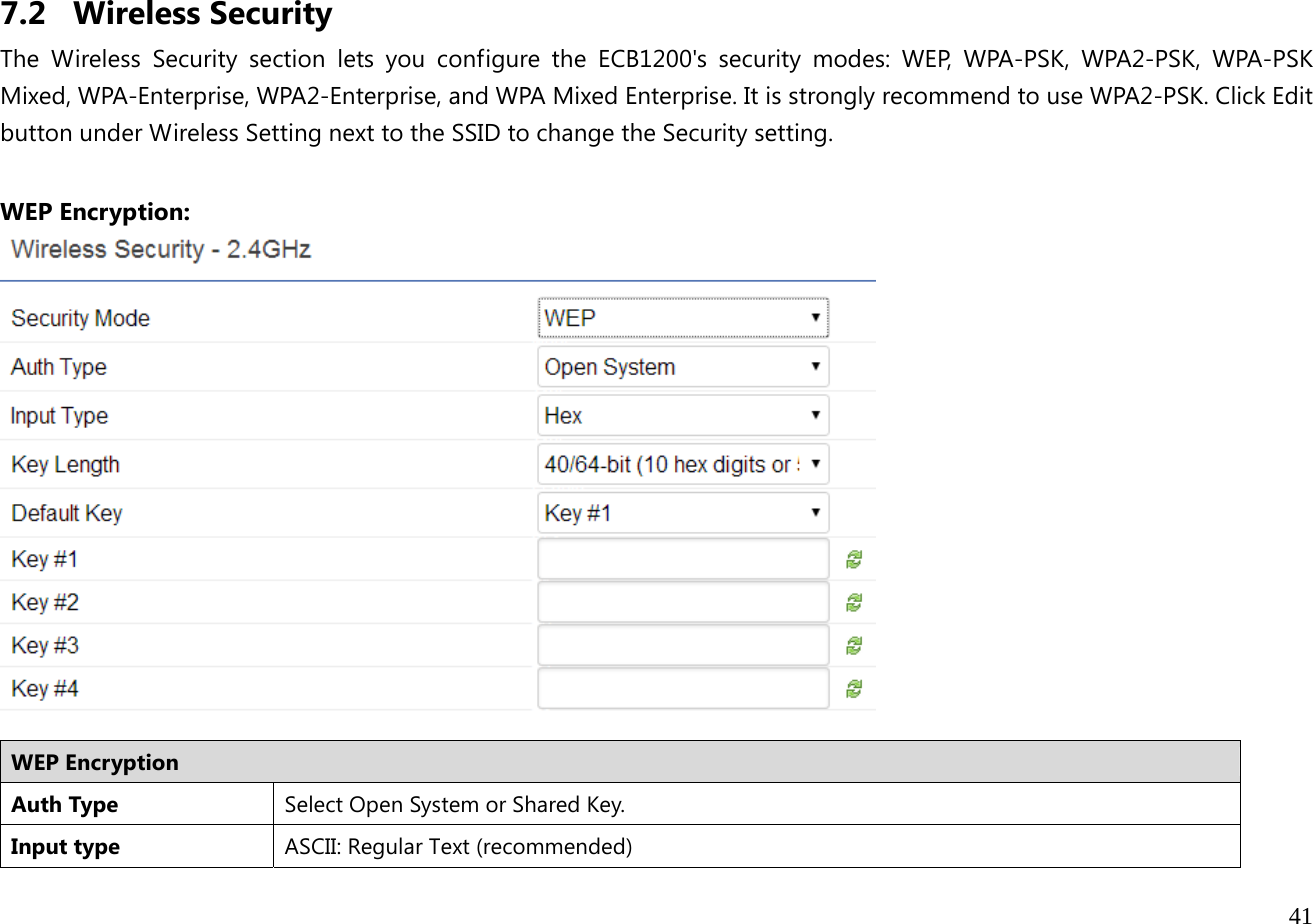  41   7.2 Wireless Security The Wireless Security section lets you configure the ECB1200&apos;s security modes: WEP, WPA-PSK, WPA2-PSK, WPA-PSK Mixed, WPA-Enterprise, WPA2-Enterprise, and WPA Mixed Enterprise. It is strongly recommend to use WPA2-PSK. Click Edit button under Wireless Setting next to the SSID to change the Security setting.  WEP Encryption:   WEP Encryption Auth Type  Select Open System or Shared Key. Input type ASCII: Regular Text (recommended)