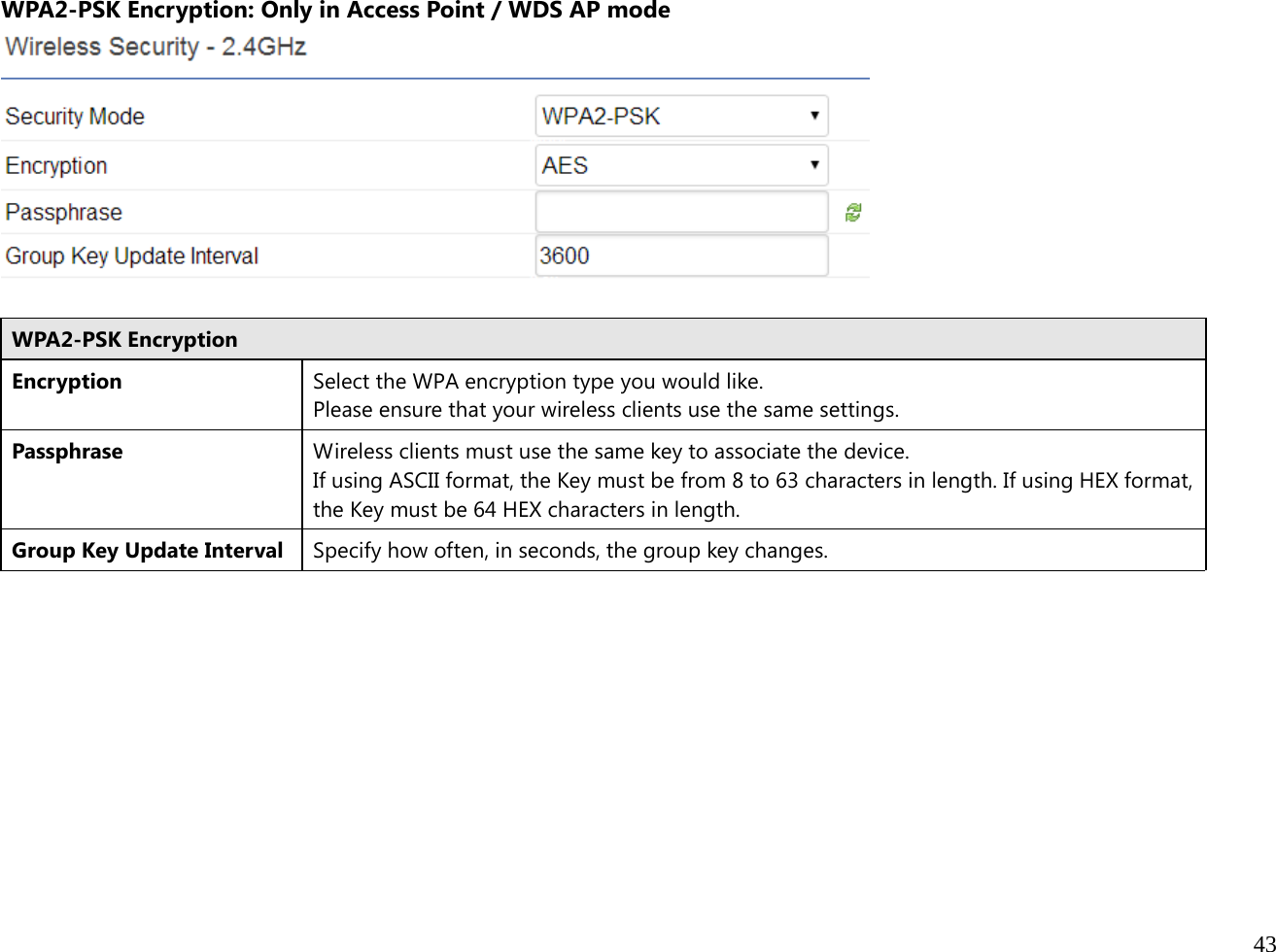  43  WPA2-PSK Encryption: Only in Access Point / WDS AP mode   WPA2-PSK Encryption Encryption Select the WPA encryption type you would like. Please ensure that your wireless clients use the same settings.Passphrase Wireless clients must use the same key to associate the device.If using ASCII format, the Key must be from 8 to 63 characters in length. If using HEX format, the Key must be 64 HEX characters in length. Group Key Update Interval  Specify how often, in seconds, the group key changes.          