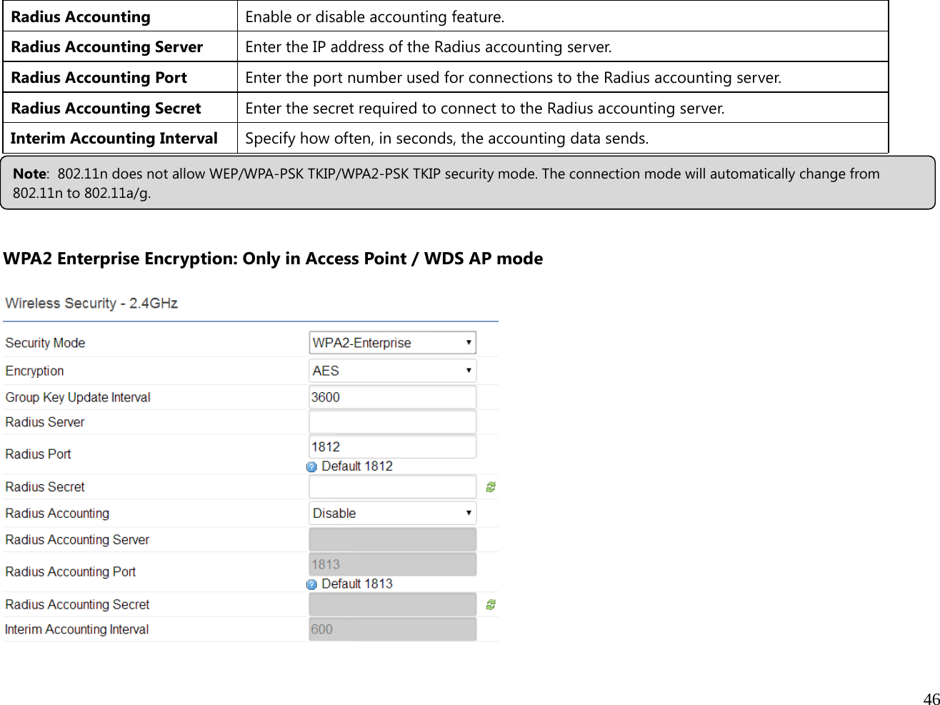  46  Radius Accounting  Enable or disable accounting feature. Radius Accounting Server  Enter the IP address of the Radius accounting server.Radius Accounting Port  Enter the port number used for connections to the Radius accounting server. Radius Accounting Secret  Enter the secret required to connect to the Radius accounting server. Interim Accounting Interval Specify how often, in seconds, the accounting data sends.    WPA2 Enterprise Encryption: Only in Access Point / WDS AP mode    Note:  802.11n does not allow WEP/WPA-PSK TKIP/WPA2-PSK TKIP security mode. The connection mode will automatically change from 802.11n to 802.11a/g. 