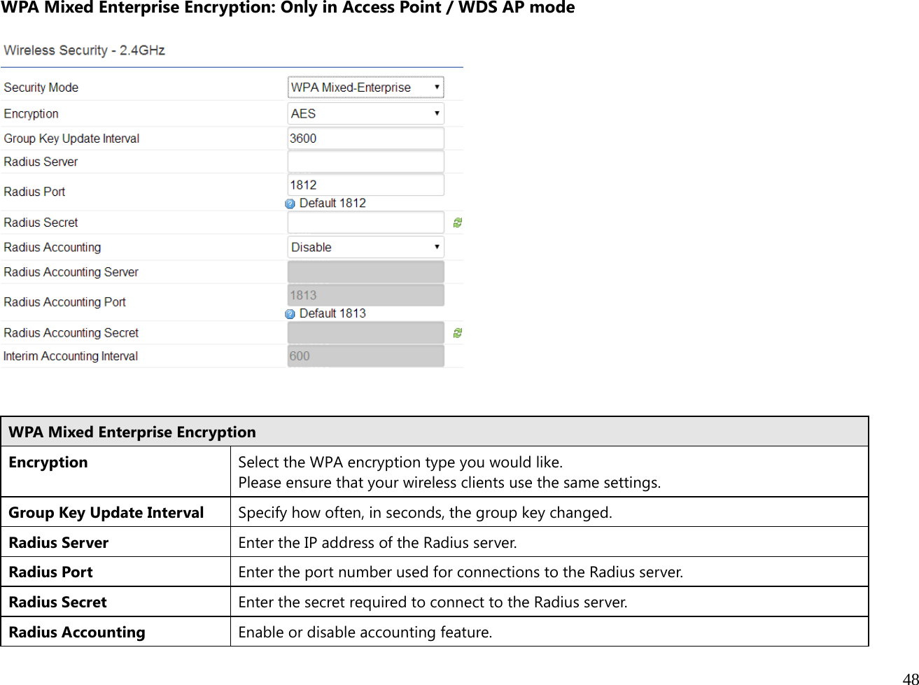  48  WPA Mixed Enterprise Encryption: Only in Access Point / WDS AP mode     WPA Mixed Enterprise Encryption Encryption  Select the WPA encryption type you would like. Please ensure that your wireless clients use the same settings. Group Key Update Interval  Specify how often, in seconds, the group key changed. Radius Server  Enter the IP address of the Radius server. Radius Port Enter the port number used for connections to the Radius server.Radius Secret  Enter the secret required to connect to the Radius server. Radius Accounting  Enable or disable accounting feature. 