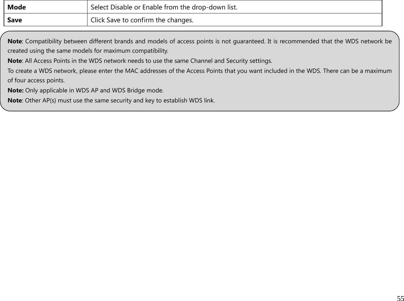  55  Mode  Select Disable or Enable from the drop-down list. Save Click Save to confirm the changes.              Note: Compatibility between different brands and models of access points is not guaranteed. It is recommended that the WDS network be created using the same models for maximum compatibility. Note: All Access Points in the WDS network needs to use the same Channel and Security settings. To create a WDS network, please enter the MAC addresses of the Access Points that you want included in the WDS. There can be a maximum of four access points. Note: Only applicable in WDS AP and WDS Bridge mode. Note: Other AP(s) must use the same security and key to establish WDS link. 