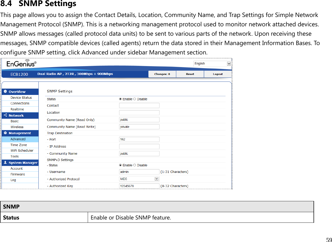  59  8.4 SNMP Settings This page allows you to assign the Contact Details, Location, Community Name, and Trap Settings for Simple Network Management Protocol (SNMP). This is a networking management protocol used to monitor network attached devices. SNMP allows messages (called protocol data units) to be sent to various parts of the network. Upon receiving these messages, SNMP compatible devices (called agents) return the data stored in their Management Information Bases. To configure SNMP setting, click Advanced under sidebar Management section.   SNMPStatus  Enable or Disable SNMP feature. 