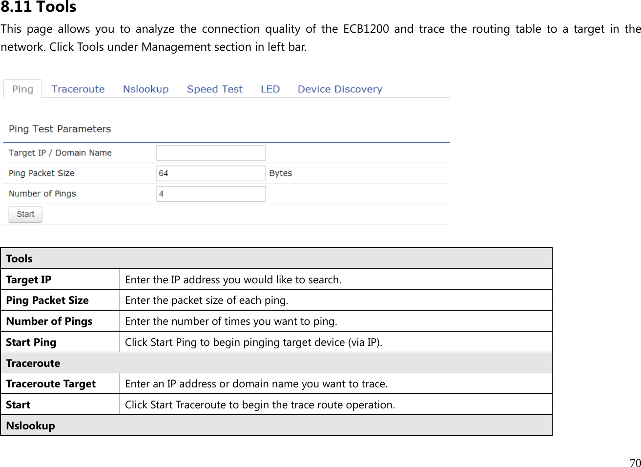  70  8.11 Tools This page allows you to analyze the connection quality of the ECB1200 and trace the routing table to a target in the network. Click Tools under Management section in left bar.    ToolsTarget IP  Enter the IP address you would like to search. Ping Packet Size  Enter the packet size of each ping. Number of Pings  Enter the number of times you want to ping.Start Ping  Click Start Ping to begin pinging target device (via IP). Traceroute Traceroute Target  Enter an IP address or domain name you want to trace. Start   Click Start Traceroute to begin the trace route operation. Nslookup