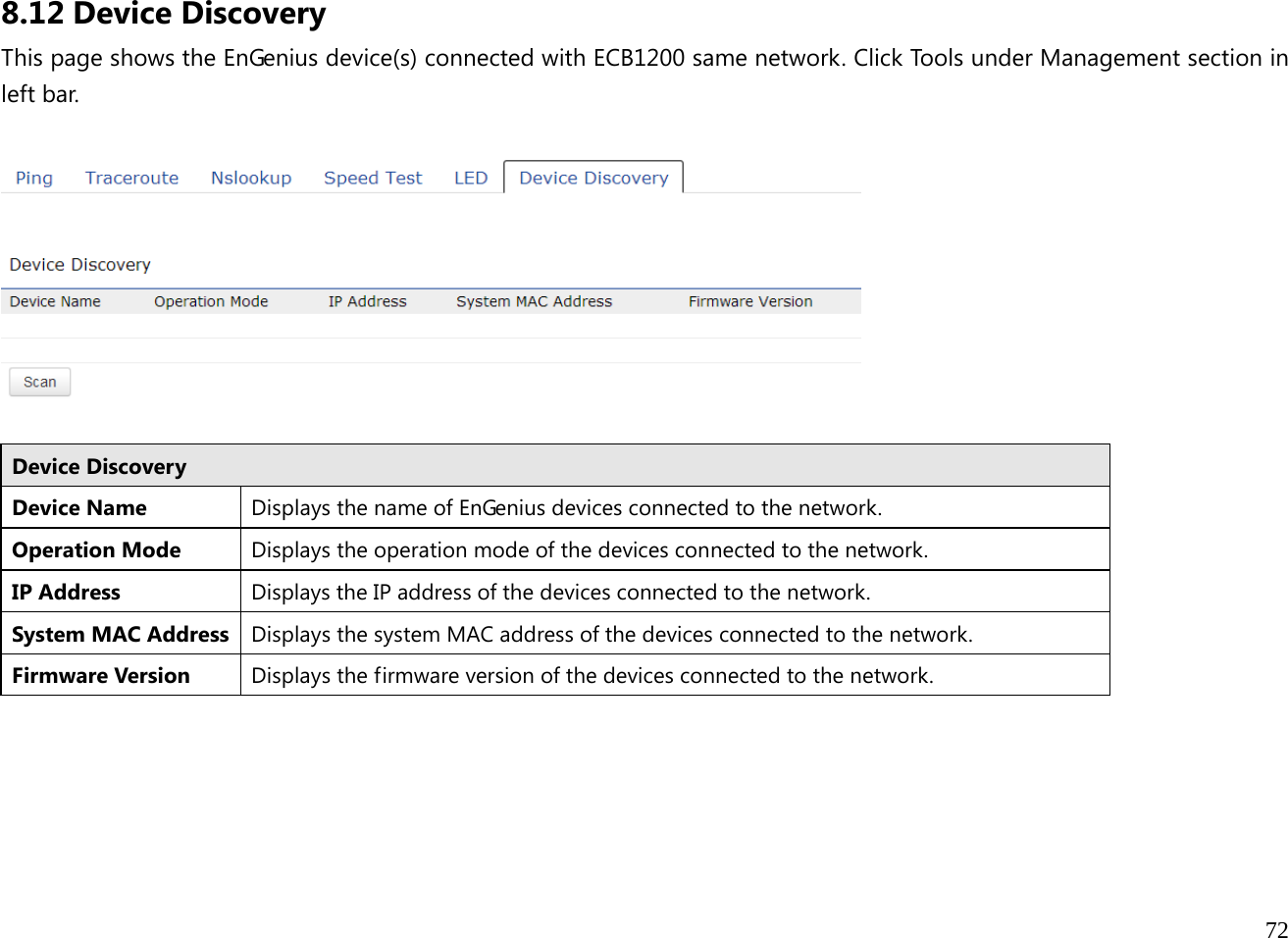  72  8.12 Device Discovery This page shows the EnGenius device(s) connected with ECB1200 same network. Click Tools under Management section in left bar.    Device Discovery Device Name  Displays the name of EnGenius devices connected to the network. Operation Mode  Displays the operation mode of the devices connected to the network.IP Address  Displays the IP address of the devices connected to the network. System MAC Address  Displays the system MAC address of the devices connected to the network. Firmware Version  Displays the firmware version of the devices connected to the network.   