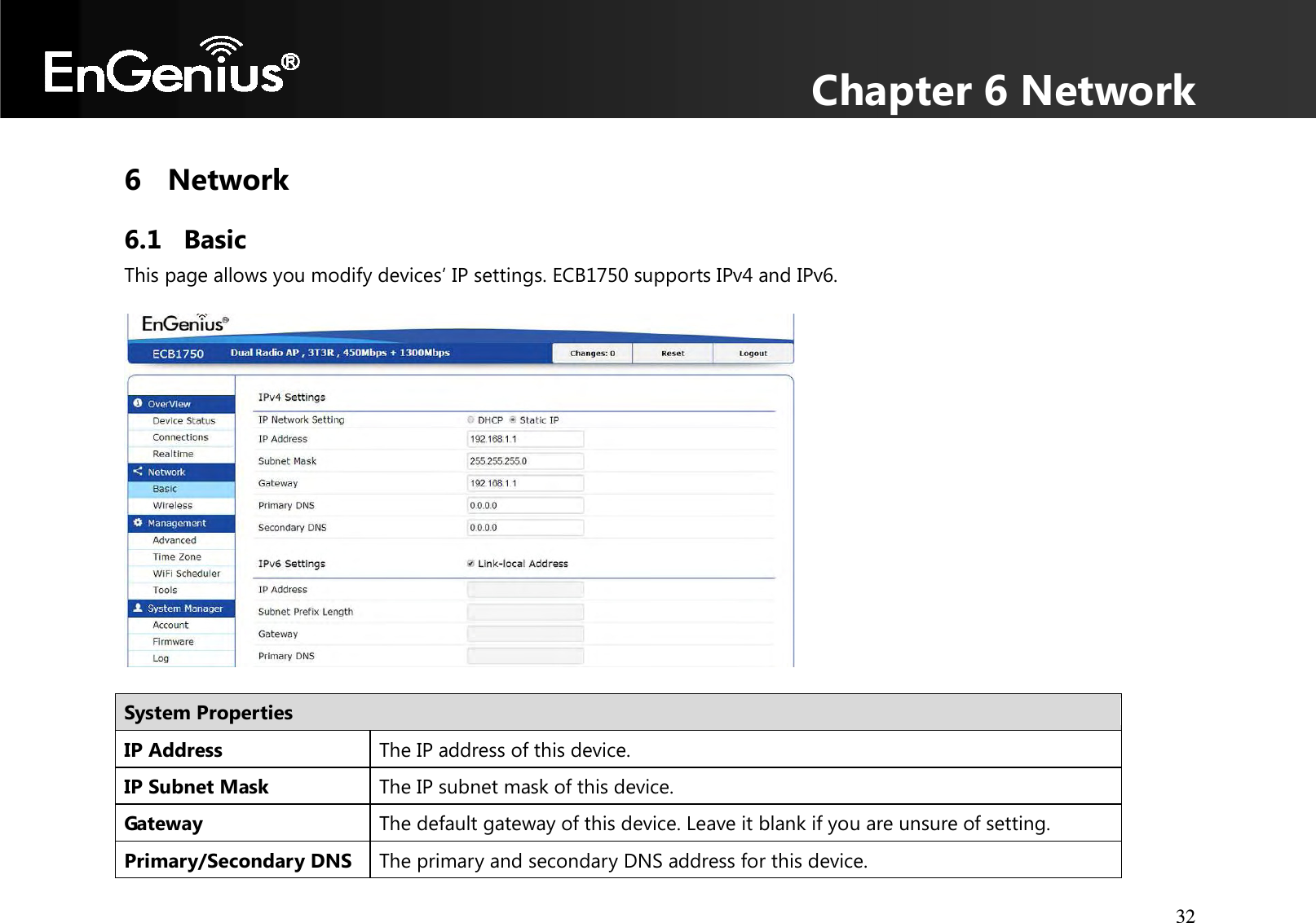 Chapter 6 Network 32  6 Network 6.1 Basic This page allows you modify devices’ IP settings. ECB1750 supports IPv4 and IPv6.    System Properties IP Address  The IP address of this device. IP Subnet Mask The IP subnet mask of this device. Gateway The default gateway of this device. Leave it blank if you are unsure of setting. Primary/Secondary DNS  The primary and secondary DNS address for this device. 
