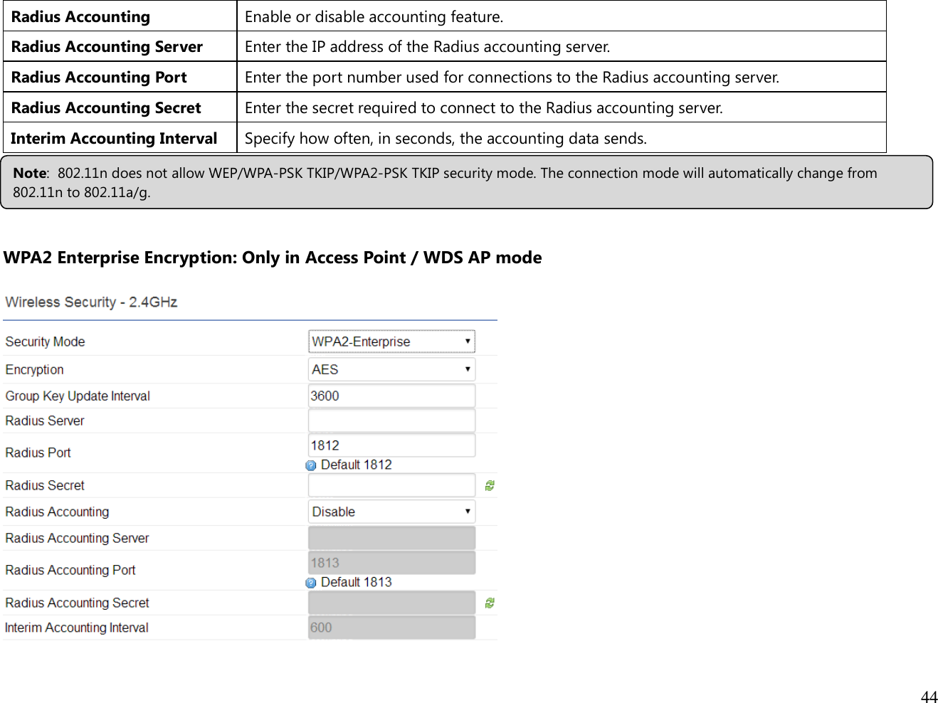  44  Radius Accounting Enable or disable accounting feature. Radius Accounting Server Enter the IP address of the Radius accounting server. Radius Accounting Port Enter the port number used for connections to the Radius accounting server. Radius Accounting Secret Enter the secret required to connect to the Radius accounting server. Interim Accounting Interval Specify how often, in seconds, the accounting data sends.     WPA2 Enterprise Encryption: Only in Access Point / WDS AP mode    Note:  802.11n does not allow WEP/WPA-PSK TKIP/WPA2-PSK TKIP security mode. The connection mode will automatically change from 802.11n to 802.11a/g. 