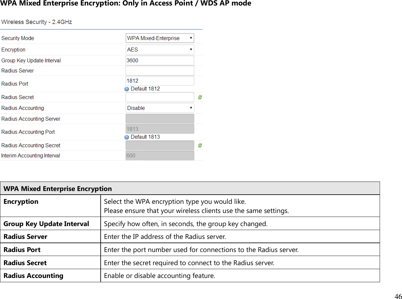  46  WPA Mixed Enterprise Encryption: Only in Access Point / WDS AP mode     WPA Mixed Enterprise Encryption Encryption Select the WPA encryption type you would like. Please ensure that your wireless clients use the same settings. Group Key Update Interval Specify how often, in seconds, the group key changed. Radius Server Enter the IP address of the Radius server. Radius Port Enter the port number used for connections to the Radius server. Radius Secret Enter the secret required to connect to the Radius server. Radius Accounting Enable or disable accounting feature. 