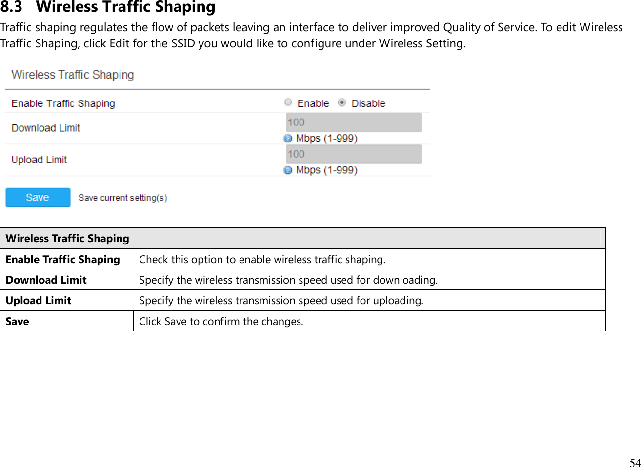  54  8.3 Wireless Traffic Shaping Traffic shaping regulates the flow of packets leaving an interface to deliver improved Quality of Service. To edit Wireless Traffic Shaping, click Edit for the SSID you would like to configure under Wireless Setting.    Wireless Traffic Shaping Enable Traffic Shaping Check this option to enable wireless traffic shaping. Download Limit Specify the wireless transmission speed used for downloading. Upload Limit Specify the wireless transmission speed used for uploading. Save Click Save to confirm the changes.   