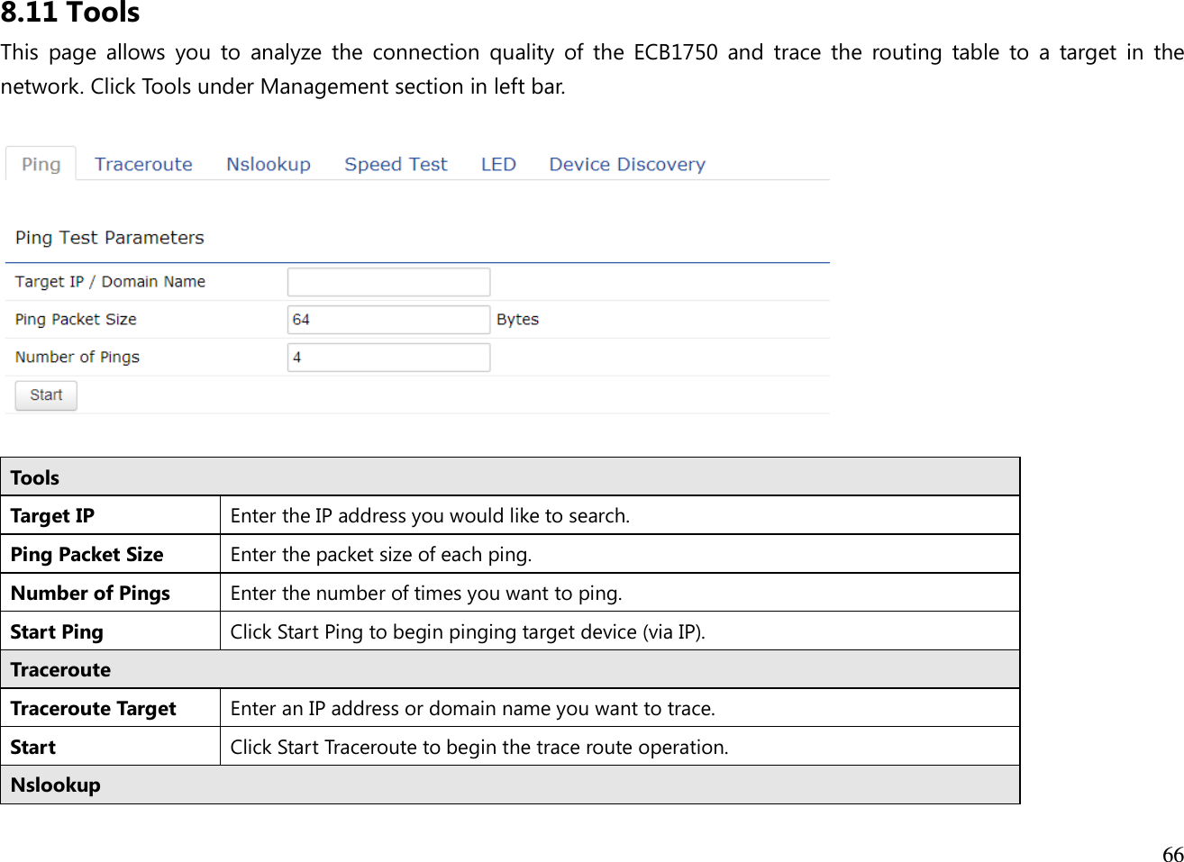  66  8.11 Tools This  page  allows  you  to  analyze  the  connection  quality  of  the  ECB1750  and  trace  the  routing  table to  a  target  in  the network. Click Tools under Management section in left bar.    Tools Target IP Enter the IP address you would like to search. Ping Packet Size Enter the packet size of each ping. Number of Pings Enter the number of times you want to ping. Start Ping Click Start Ping to begin pinging target device (via IP). Traceroute Traceroute Target Enter an IP address or domain name you want to trace. Start  Click Start Traceroute to begin the trace route operation. Nslookup 