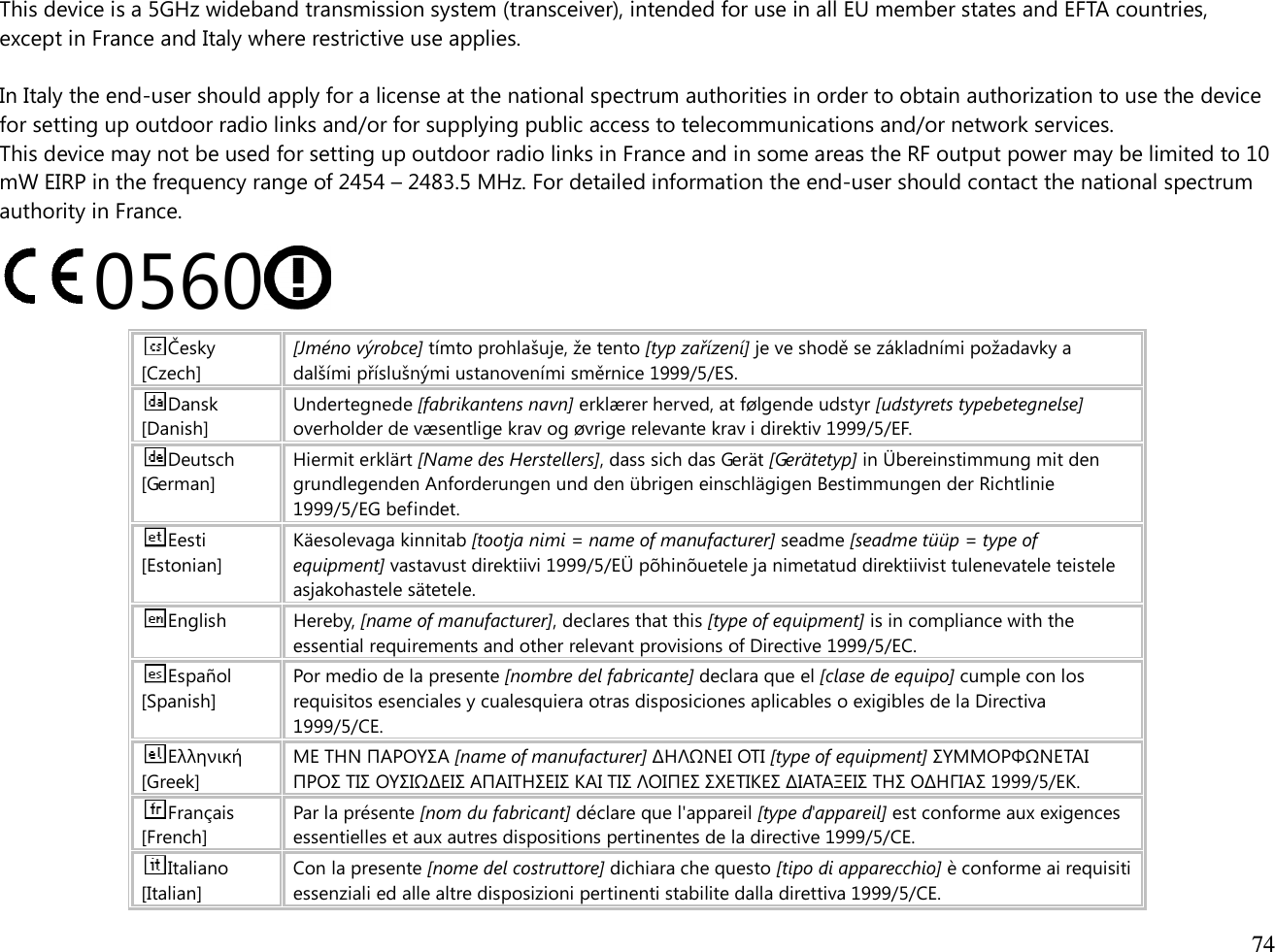  74  This device is a 5GHz wideband transmission system (transceiver), intended for use in all EU member states and EFTA countries, except in France and Italy where restrictive use applies.  In Italy the end-user should apply for a license at the national spectrum authorities in order to obtain authorization to use the device for setting up outdoor radio links and/or for supplying public access to telecommunications and/or network services. This device may not be used for setting up outdoor radio links in France and in some areas the RF output power may be limited to 10 mW EIRP in the frequency range of 2454 – 2483.5 MHz. For detailed information the end-user should contact the national spectrum authority in France. 0560  Česky [Czech] [Jméno výrobce] tímto prohlašuje, že tento [typ zařízení] je ve shodě se základními požadavky a dalšími příslušnými ustanoveními směrnice 1999/5/ES. Dansk [Danish] Undertegnede [fabrikantens navn] erklærer herved, at følgende udstyr [udstyrets typebetegnelse] overholder de væsentlige krav og øvrige relevante krav i direktiv 1999/5/EF. Deutsch [German] Hiermit erklärt [Name des Herstellers], dass sich das Gerät [Gerätetyp] in Übereinstimmung mit den grundlegenden Anforderungen und den übrigen einschlägigen Bestimmungen der Richtlinie 1999/5/EG befindet. Eesti [Estonian] Käesolevaga kinnitab [tootja nimi = name of manufacturer] seadme [seadme tüüp = type of equipment] vastavust direktiivi 1999/5/EÜ põhinõuetele ja nimetatud direktiivist tulenevatele teistele asjakohastele sätetele. English  Hereby, [name of manufacturer], declares that this [type of equipment] is in compliance with the essential requirements and other relevant provisions of Directive 1999/5/EC. Español [Spanish] Por medio de la presente [nombre del fabricante] declara que el [clase de equipo] cumple con los requisitos esenciales y cualesquiera otras disposiciones aplicables o exigibles de la Directiva 1999/5/CE. Ελληνική [Greek] ΜΕ ΤΗΝ ΠΑΡΟΥΣΑ [name of manufacturer] ∆ΗΛΩΝΕΙ ΟΤΙ [type of equipment] ΣΥΜΜΟΡΦΩΝΕΤΑΙ ΠΡΟΣ ΤΙΣ ΟΥΣΙΩ∆ΕΙΣ ΑΠΑΙΤΗΣΕΙΣ ΚΑΙ ΤΙΣ ΛΟΙΠΕΣ ΣΧΕΤΙΚΕΣ ∆ΙΑΤΑΞΕΙΣ ΤΗΣ Ο∆ΗΓΙΑΣ 1999/5/ΕΚ. Français [French] Par la présente [nom du fabricant] déclare que l&apos;appareil [type d&apos;appareil] est conforme aux exigences essentielles et aux autres dispositions pertinentes de la directive 1999/5/CE. Italiano [Italian] Con la presente [nome del costruttore] dichiara che questo [tipo di apparecchio] è conforme ai requisiti essenziali ed alle altre disposizioni pertinenti stabilite dalla direttiva 1999/5/CE. 