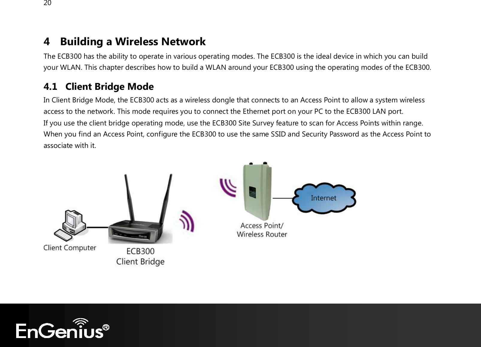 20  4 Building a Wireless Network The ECB300 has the ability to operate in various operating modes. The ECB300 is the ideal device in which you can build your WLAN. This chapter describes how to build a WLAN around your ECB300 using the operating modes of the ECB300. 4.1 Client Bridge Mode In Client Bridge Mode, the ECB300 acts as a wireless dongle that connects to an Access Point to allow a system wireless access to the network. This mode requires you to connect the Ethernet port on your PC to the ECB300 LAN port. If you use the client bridge operating mode, use the ECB300 Site Survey feature to scan for Access Points within range. When you find an Access Point, configure the ECB300 to use the same SSID and Security Password as the Access Point to associate with it.    