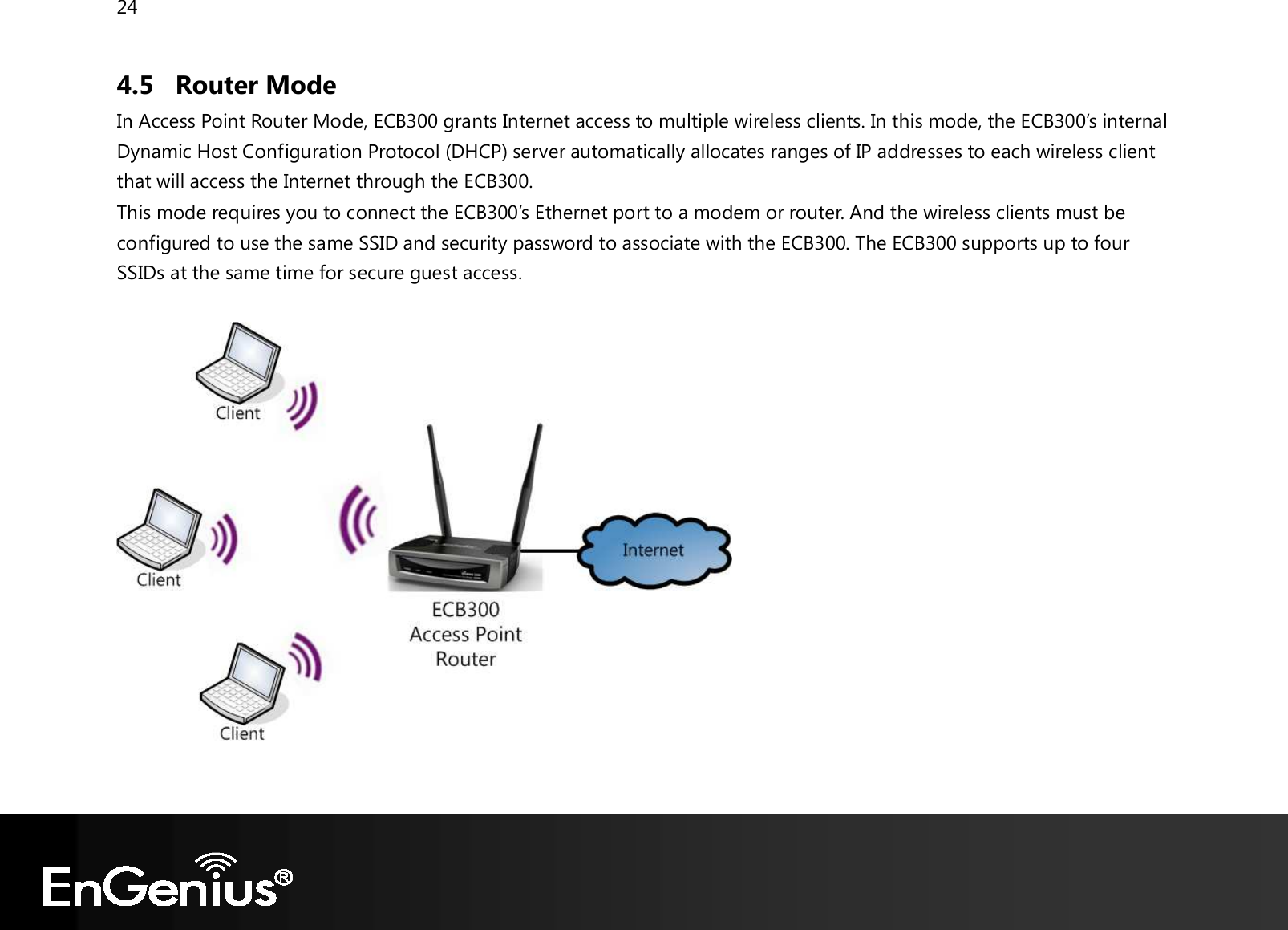 24  4.5 Router Mode In Access Point Router Mode, ECB300 grants Internet access to multiple wireless clients. In this mode, the ECB300’s internal Dynamic Host Configuration Protocol (DHCP) server automatically allocates ranges of IP addresses to each wireless client that will access the Internet through the ECB300. This mode requires you to connect the ECB300’s Ethernet port to a modem or router. And the wireless clients must be configured to use the same SSID and security password to associate with the ECB300. The ECB300 supports up to four SSIDs at the same time for secure guest access.    