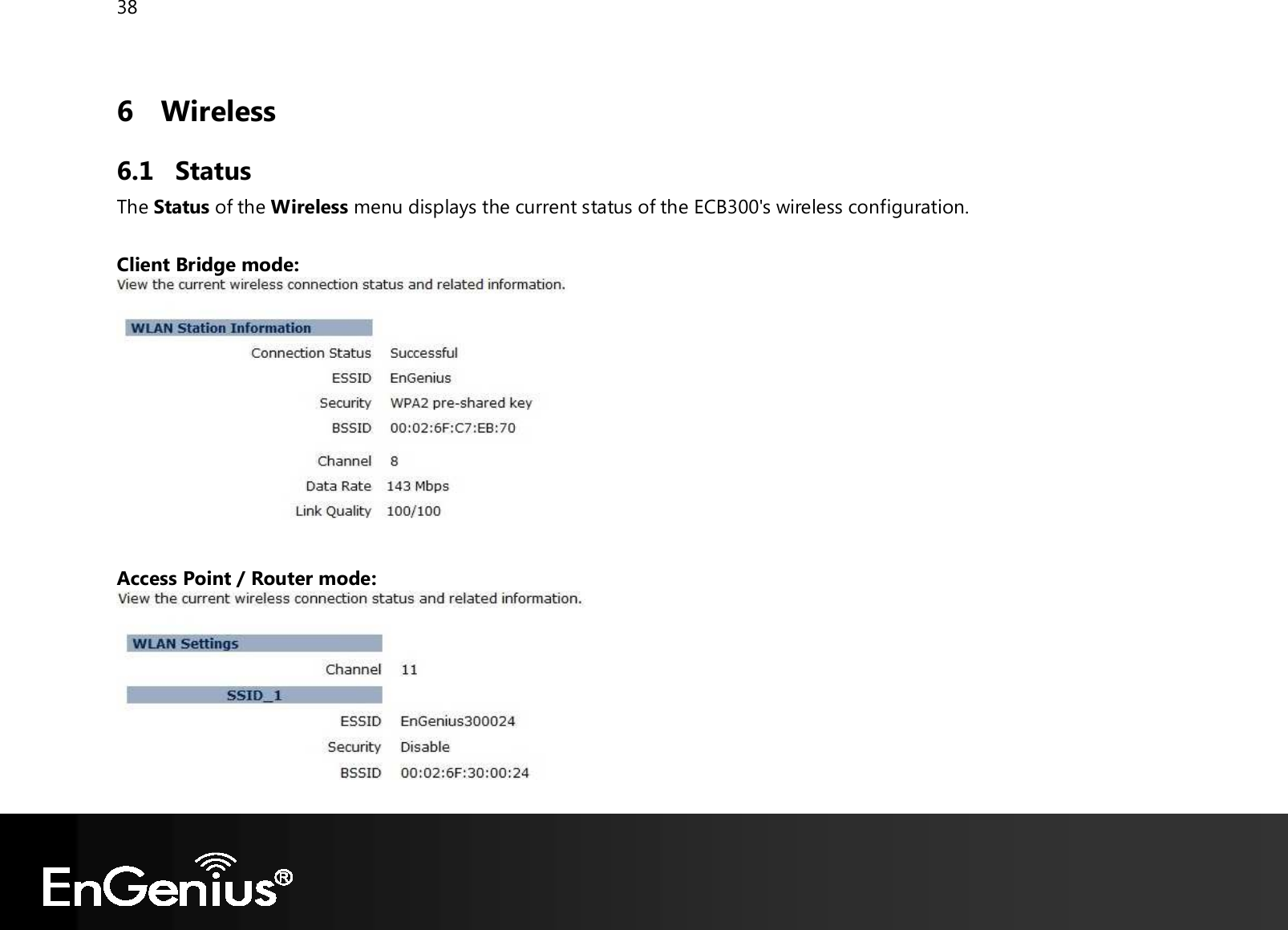 38  6 Wireless 6.1 Status The Status of the Wireless menu displays the current status of the ECB300&apos;s wireless configuration.  Client Bridge mode:    Access Point / Router mode:   