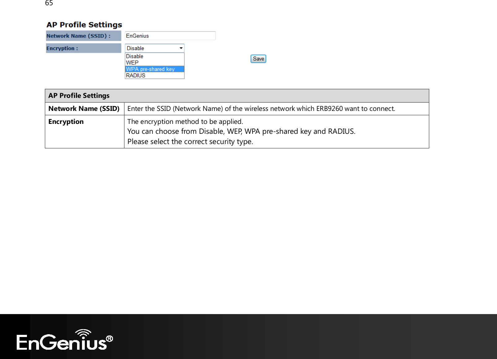 65    AP Profile Settings Network Name (SSID) Enter the SSID (Network Name) of the wireless network which ERB9260 want to connect. Encryption The encryption method to be applied. You can choose from Disable, WEP, WPA pre-shared key and RADIUS. Please select the correct security type.    