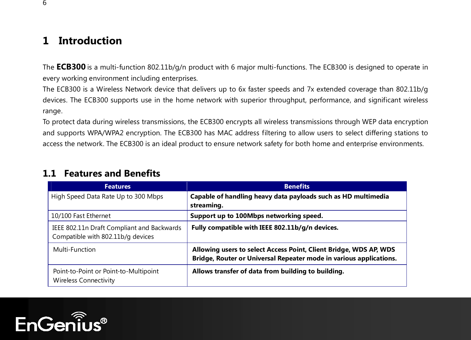 6  1 Introduction  The ECB300 is a multi-function 802.11b/g/n product with 6 major multi-functions. The ECB300 is designed to operate in every working environment including enterprises.  The ECB300 is a Wireless Network device that delivers up to 6x faster speeds and 7x extended coverage than 802.11b/g devices. The ECB300 supports use in the home network with superior throughput, performance, and significant wireless range.  To protect data during wireless transmissions, the ECB300 encrypts all wireless transmissions through WEP data encryption and supports WPA/WPA2 encryption. The ECB300 has MAC address filtering to allow users to select differing stations to access the network. The ECB300 is an ideal product to ensure network safety for both home and enterprise environments.  1.1 Features and Benefits Features Benefits High Speed Data Rate Up to 300 Mbps  Capable of handling heavy data payloads such as HD multimedia streaming. 10/100 Fast Ethernet  Support up to 100Mbps networking speed. IEEE 802.11n Draft Compliant and Backwards Compatible with 802.11b/g devices Fully compatible with IEEE 802.11b/g/n devices. Multi-Function  Allowing users to select Access Point, Client Bridge, WDS AP, WDS Bridge, Router or Universal Repeater mode in various applications. Point-to-Point or Point-to-Multipoint Wireless Connectivity Allows transfer of data from building to building. 