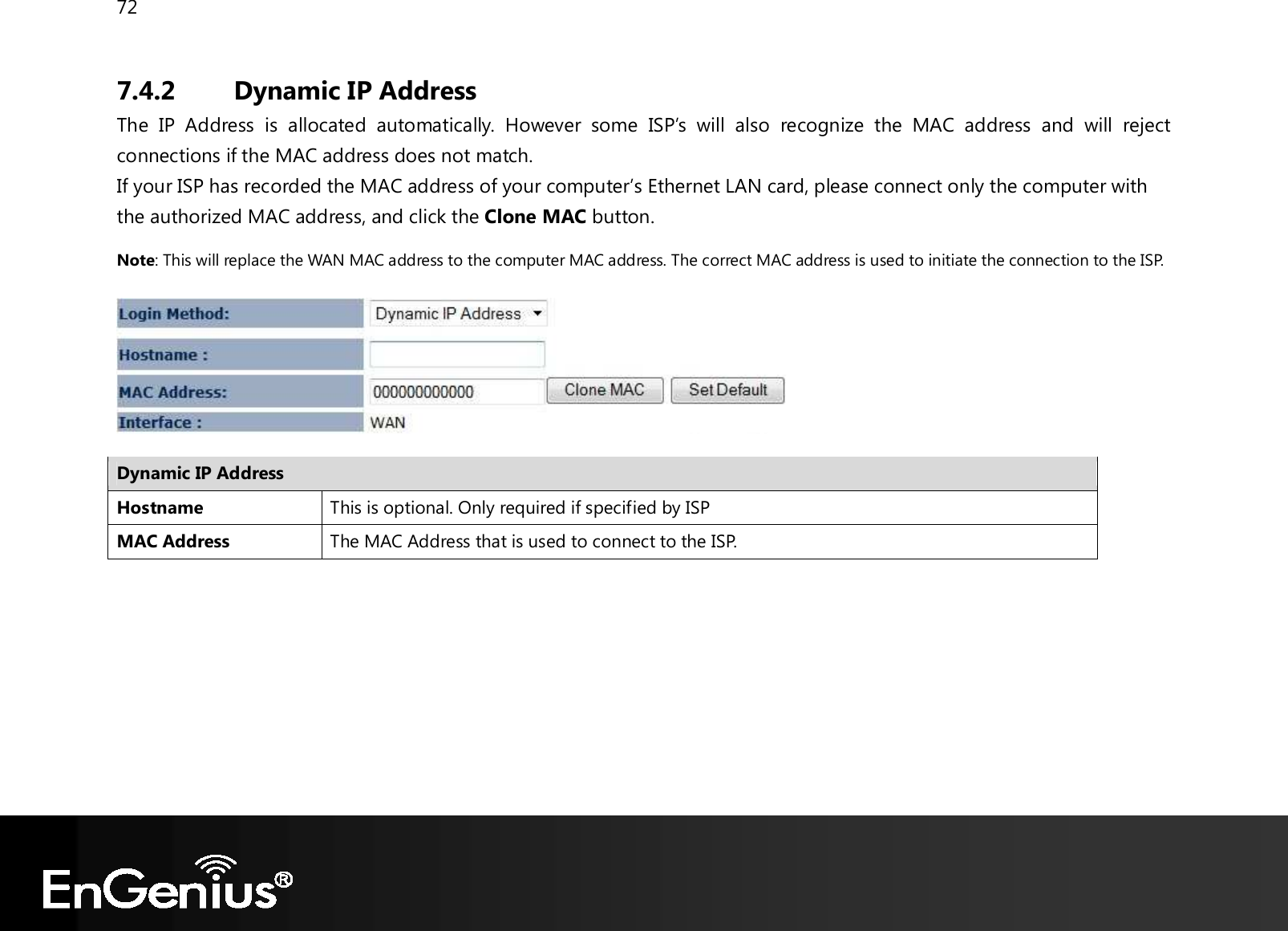 72  7.4.2 Dynamic IP Address The  IP  Address  is  allocated  automatically.  However  some  ISP’s  will  also  recognize  the  MAC  address  and  will  reject connections if the MAC address does not match. If your ISP has recorded the MAC address of your computer’s Ethernet LAN card, please connect only the computer with the authorized MAC address, and click the Clone MAC button. Note: This will replace the WAN MAC address to the computer MAC address. The correct MAC address is used to initiate the connection to the ISP.    Dynamic IP Address Hostname This is optional. Only required if specified by ISP MAC Address The MAC Address that is used to connect to the ISP.   