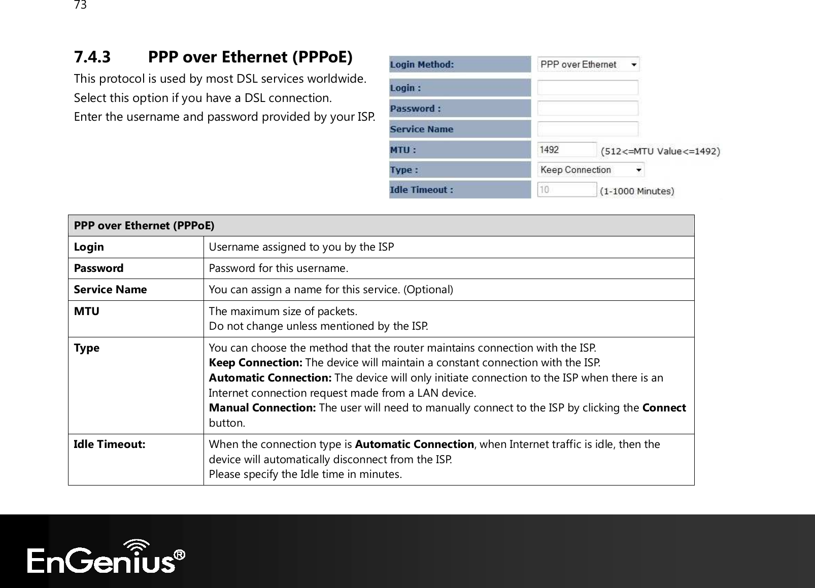 73  7.4.3 PPP over Ethernet (PPPoE) This protocol is used by most DSL services worldwide. Select this option if you have a DSL connection.  Enter the username and password provided by your ISP.    PPP over Ethernet (PPPoE) Login Username assigned to you by the ISP Password Password for this username. Service Name You can assign a name for this service. (Optional) MTU The maximum size of packets. Do not change unless mentioned by the ISP. Type You can choose the method that the router maintains connection with the ISP. Keep Connection: The device will maintain a constant connection with the ISP. Automatic Connection: The device will only initiate connection to the ISP when there is an Internet connection request made from a LAN device. Manual Connection: The user will need to manually connect to the ISP by clicking the Connect button. Idle Timeout: When the connection type is Automatic Connection, when Internet traffic is idle, then the device will automatically disconnect from the ISP. Please specify the Idle time in minutes.  