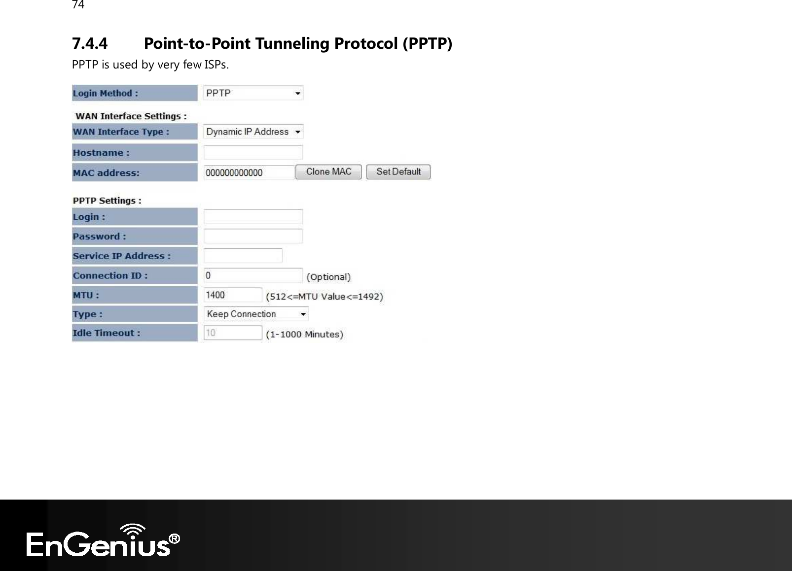 74  7.4.4 Point-to-Point Tunneling Protocol (PPTP) PPTP is used by very few ISPs.       