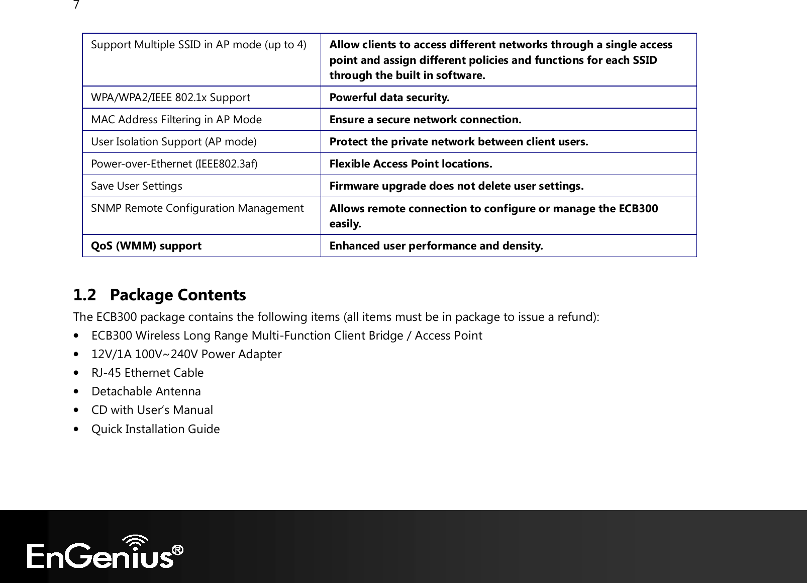 7  Support Multiple SSID in AP mode (up to 4)  Allow clients to access different networks through a single access point and assign different policies and functions for each SSID through the built in software. WPA/WPA2/IEEE 802.1x Support  Powerful data security. MAC Address Filtering in AP Mode  Ensure a secure network connection. User Isolation Support (AP mode)  Protect the private network between client users. Power-over-Ethernet (IEEE802.3af)  Flexible Access Point locations. Save User Settings  Firmware upgrade does not delete user settings. SNMP Remote Configuration Management  Allows remote connection to configure or manage the ECB300 easily. QoS (WMM) support  Enhanced user performance and density.  1.2 Package Contents The ECB300 package contains the following items (all items must be in package to issue a refund):  • ECB300 Wireless Long Range Multi-Function Client Bridge / Access Point • 12V/1A 100V~240V Power Adapter • RJ-45 Ethernet Cable • Detachable Antenna • CD with User’s Manual  • Quick Installation Guide  
