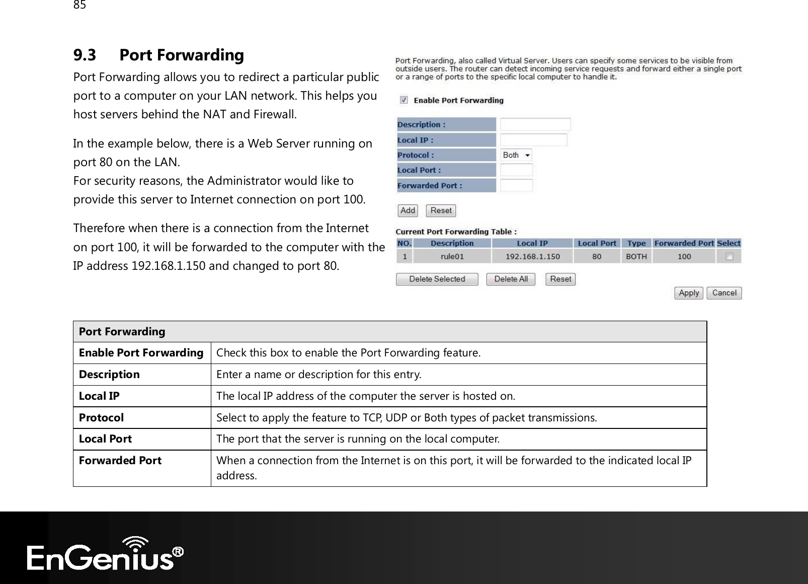 85  9.3 Port Forwarding Port Forwarding allows you to redirect a particular public port to a computer on your LAN network. This helps you host servers behind the NAT and Firewall. In the example below, there is a Web Server running on port 80 on the LAN. For security reasons, the Administrator would like to provide this server to Internet connection on port 100. Therefore when there is a connection from the Internet on port 100, it will be forwarded to the computer with the IP address 192.168.1.150 and changed to port 80.   Port Forwarding Enable Port Forwarding Check this box to enable the Port Forwarding feature. Description Enter a name or description for this entry. Local IP The local IP address of the computer the server is hosted on. Protocol Select to apply the feature to TCP, UDP or Both types of packet transmissions. Local Port The port that the server is running on the local computer. Forwarded Port When a connection from the Internet is on this port, it will be forwarded to the indicated local IP address.  