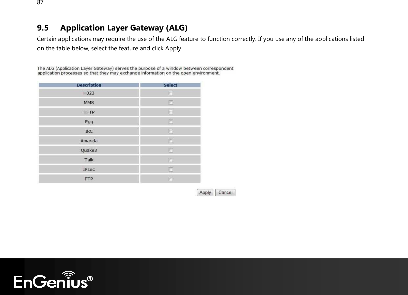 87  9.5 Application Layer Gateway (ALG) Certain applications may require the use of the ALG feature to function correctly. If you use any of the applications listed on the table below, select the feature and click Apply.     