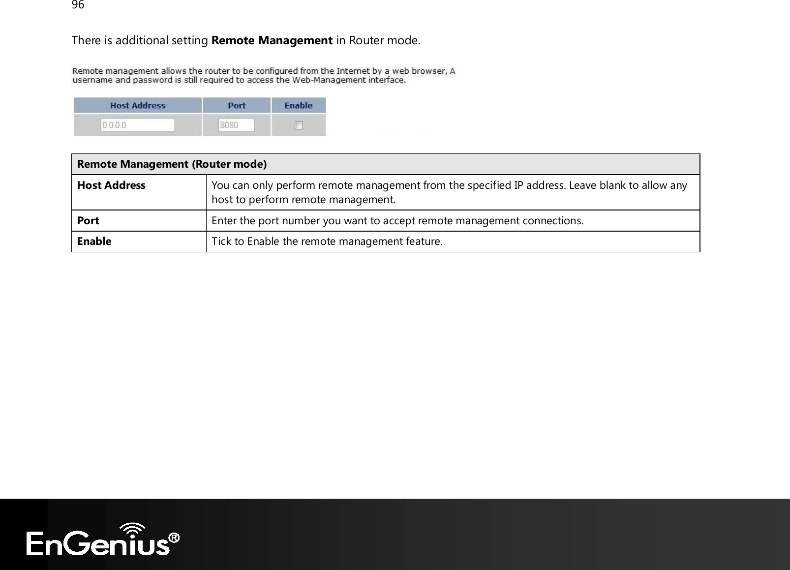 96  There is additional setting Remote Management in Router mode.    Remote Management (Router mode) Host Address You can only perform remote management from the specified IP address. Leave blank to allow any host to perform remote management. Port Enter the port number you want to accept remote management connections. Enable Tick to Enable the remote management feature.    