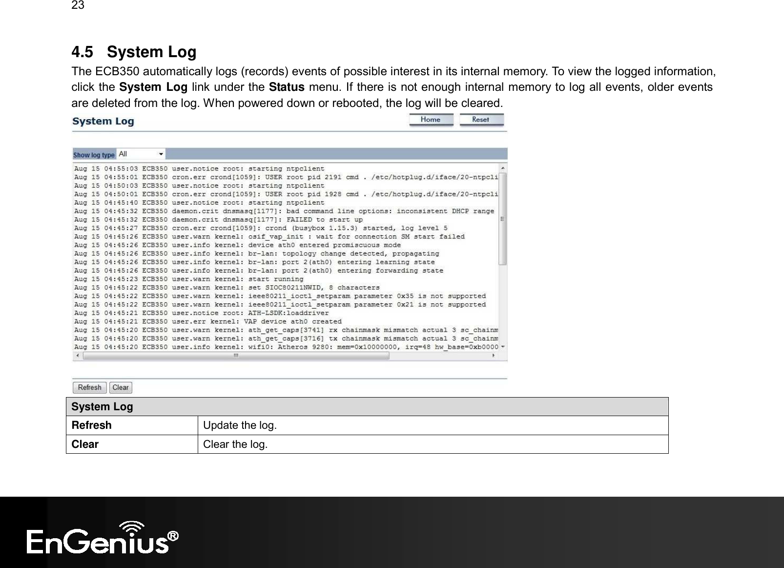23  4.5  System Log The ECB350 automatically logs (records) events of possible interest in its internal memory. To view the logged information, click the System Log link under the Status menu. If there is not enough internal memory to log all events, older events are deleted from the log. When powered down or rebooted, the log will be cleared.  System Log Refresh  Update the log. Clear  Clear the log.  