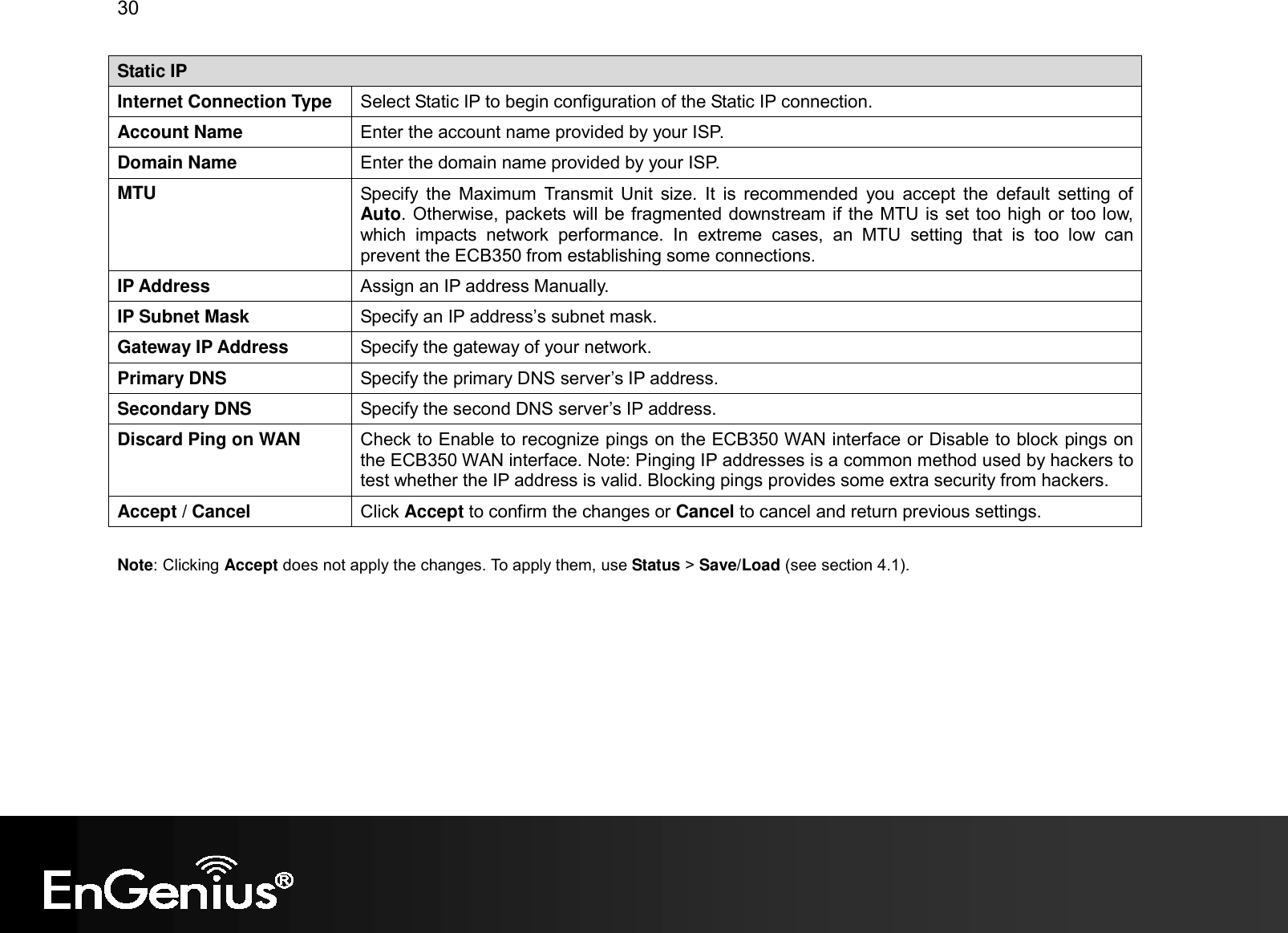 30  Static IP Internet Connection Type  Select Static IP to begin configuration of the Static IP connection. Account Name  Enter the account name provided by your ISP. Domain Name  Enter the domain name provided by your ISP. MTU  Specify  the  Maximum  Transmit  Unit  size.  It  is  recommended  you  accept  the  default  setting  of Auto. Otherwise, packets will be fragmented downstream if the MTU is set too high or too low, which  impacts  network  performance.  In  extreme  cases,  an  MTU  setting  that  is  too  low  can prevent the ECB350 from establishing some connections. IP Address  Assign an IP address Manually. IP Subnet Mask  Specify an IP address’s subnet mask. Gateway IP Address  Specify the gateway of your network. Primary DNS  Specify the primary DNS server’s IP address. Secondary DNS  Specify the second DNS server’s IP address. Discard Ping on WAN  Check to Enable to recognize pings on the ECB350 WAN interface or Disable to block pings on the ECB350 WAN interface. Note: Pinging IP addresses is a common method used by hackers to test whether the IP address is valid. Blocking pings provides some extra security from hackers. Accept / Cancel  Click Accept to confirm the changes or Cancel to cancel and return previous settings.  Note: Clicking Accept does not apply the changes. To apply them, use Status &gt; Save/Load (see section 4.1).  