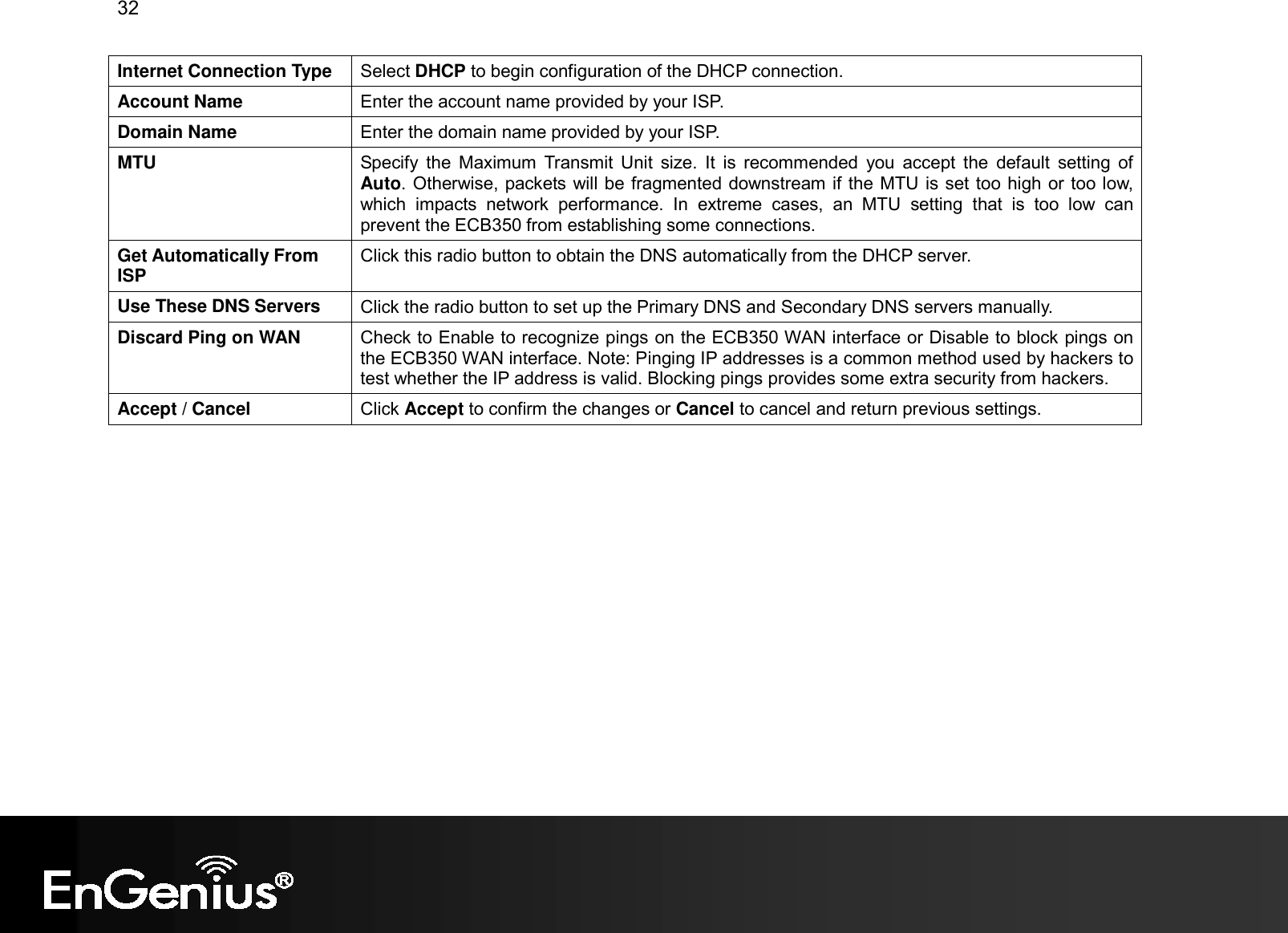 32  Internet Connection Type  Select DHCP to begin configuration of the DHCP connection. Account Name  Enter the account name provided by your ISP. Domain Name  Enter the domain name provided by your ISP. MTU  Specify  the  Maximum  Transmit  Unit  size.  It  is  recommended  you  accept  the  default  setting  of Auto. Otherwise, packets will be fragmented downstream if the MTU is set too high or too low, which  impacts  network  performance.  In  extreme  cases,  an  MTU  setting  that  is  too  low  can prevent the ECB350 from establishing some connections. Get Automatically From ISP Click this radio button to obtain the DNS automatically from the DHCP server. Use These DNS Servers  Click the radio button to set up the Primary DNS and Secondary DNS servers manually. Discard Ping on WAN  Check to Enable to recognize pings on the ECB350 WAN interface or Disable to block pings on the ECB350 WAN interface. Note: Pinging IP addresses is a common method used by hackers to test whether the IP address is valid. Blocking pings provides some extra security from hackers. Accept / Cancel  Click Accept to confirm the changes or Cancel to cancel and return previous settings.  