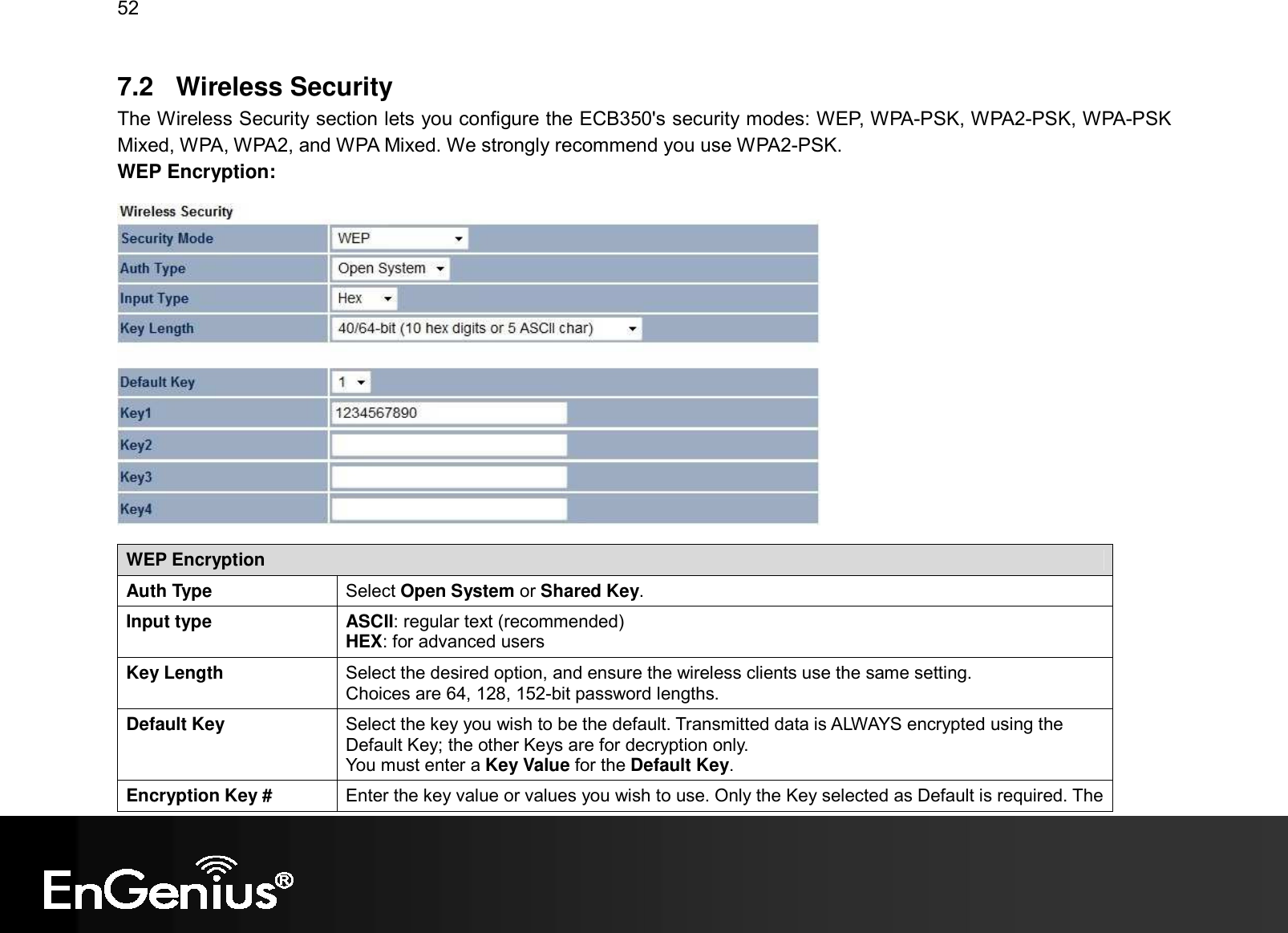 52  7.2  Wireless Security The Wireless Security section lets you configure the ECB350&apos;s security modes: WEP, WPA-PSK, WPA2-PSK, WPA-PSK Mixed, WPA, WPA2, and WPA Mixed. We strongly recommend you use WPA2-PSK.  WEP Encryption:   WEP Encryption Auth Type  Select Open System or Shared Key. Input type  ASCII: regular text (recommended) HEX: for advanced users Key Length  Select the desired option, and ensure the wireless clients use the same setting. Choices are 64, 128, 152-bit password lengths. Default Key  Select the key you wish to be the default. Transmitted data is ALWAYS encrypted using the Default Key; the other Keys are for decryption only.  You must enter a Key Value for the Default Key. Encryption Key #  Enter the key value or values you wish to use. Only the Key selected as Default is required. The 
