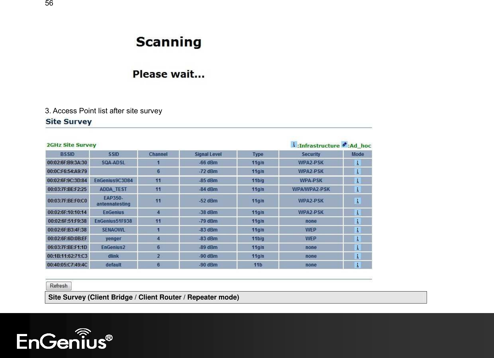 56    3. Access Point list after site survey  Site Survey (Client Bridge / Client Router / Repeater mode) 