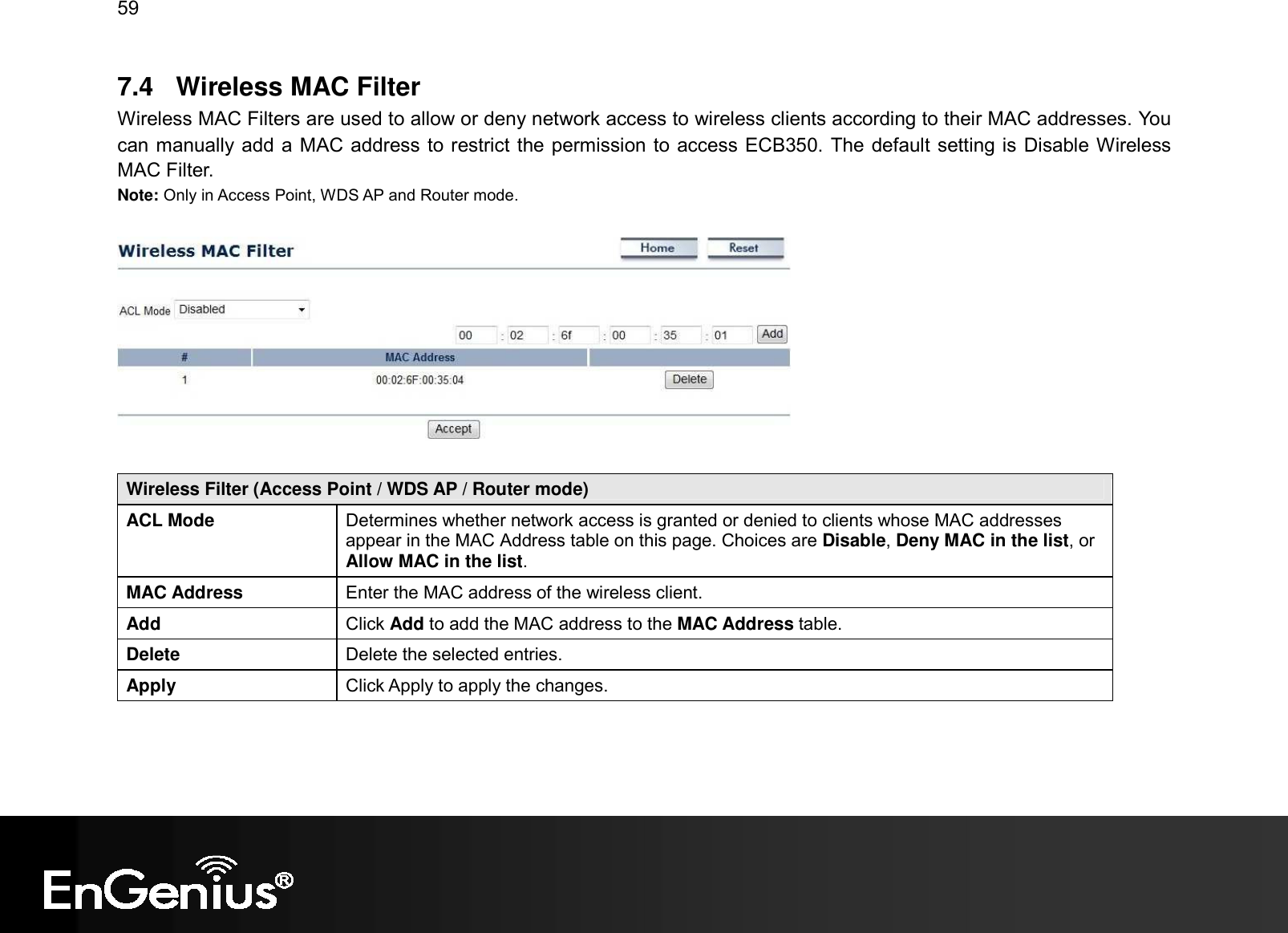59  7.4  Wireless MAC Filter Wireless MAC Filters are used to allow or deny network access to wireless clients according to their MAC addresses. You can manually add a MAC address to restrict the permission to access ECB350. The default setting is Disable Wireless MAC Filter. Note: Only in Access Point, WDS AP and Router mode.    Wireless Filter (Access Point / WDS AP / Router mode) ACL Mode  Determines whether network access is granted or denied to clients whose MAC addresses appear in the MAC Address table on this page. Choices are Disable, Deny MAC in the list, or Allow MAC in the list. MAC Address  Enter the MAC address of the wireless client. Add  Click Add to add the MAC address to the MAC Address table. Delete  Delete the selected entries. Apply  Click Apply to apply the changes.  