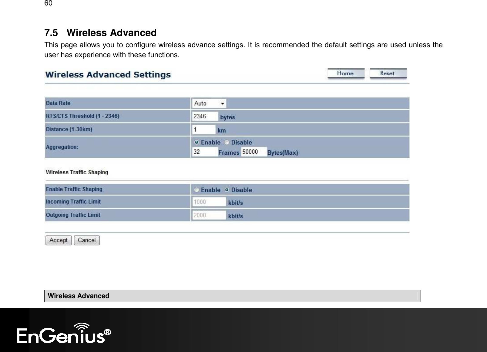 60  7.5  Wireless Advanced This page allows you to configure wireless advance settings. It is recommended the default settings are used unless the user has experience with these functions.         Wireless Advanced 