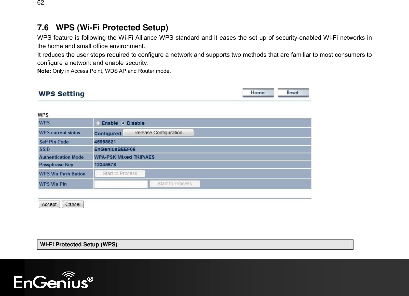 62  7.6  WPS (Wi-Fi Protected Setup) WPS feature is following the Wi-Fi Alliance WPS standard and it eases the set up of security-enabled Wi-Fi networks in the home and small office environment.  It reduces the user steps required to configure a network and supports two methods that are familiar to most consumers to configure a network and enable security. Note: Only in Access Point, WDS AP and Router mode.         Wi-Fi Protected Setup (WPS) 