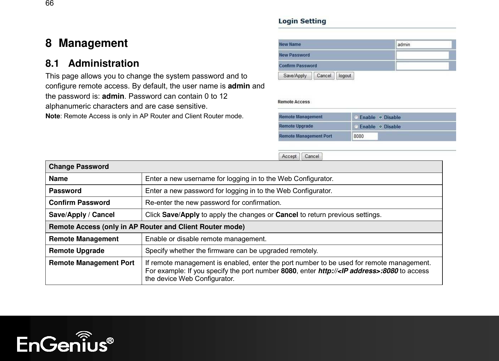 66  8  Management  8.1  Administration This page allows you to change the system password and to configure remote access. By default, the user name is admin and the password is: admin. Password can contain 0 to 12 alphanumeric characters and are case sensitive. Note: Remote Access is only in AP Router and Client Router mode.    Change Password Name  Enter a new username for logging in to the Web Configurator. Password  Enter a new password for logging in to the Web Configurator. Confirm Password  Re-enter the new password for confirmation. Save/Apply / Cancel  Click Save/Apply to apply the changes or Cancel to return previous settings. Remote Access (only in AP Router and Client Router mode) Remote Management  Enable or disable remote management. Remote Upgrade  Specify whether the firmware can be upgraded remotely. Remote Management Port  If remote management is enabled, enter the port number to be used for remote management. For example: If you specify the port number 8080, enter http://&lt;IP address&gt;:8080 to access the device Web Configurator.  