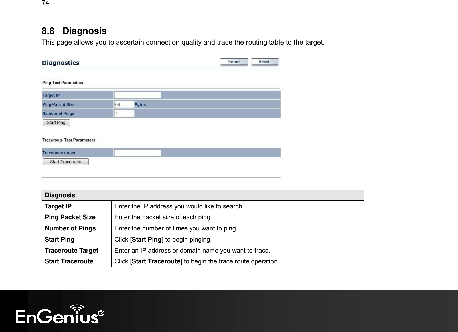 74  8.8  Diagnosis This page allows you to ascertain connection quality and trace the routing table to the target.    Diagnosis Target IP  Enter the IP address you would like to search. Ping Packet Size  Enter the packet size of each ping. Number of Pings  Enter the number of times you want to ping. Start Ping  Click [Start Ping] to begin pinging. Traceroute Target  Enter an IP address or domain name you want to trace. Start Traceroute  Click [Start Traceroute] to begin the trace route operation.  