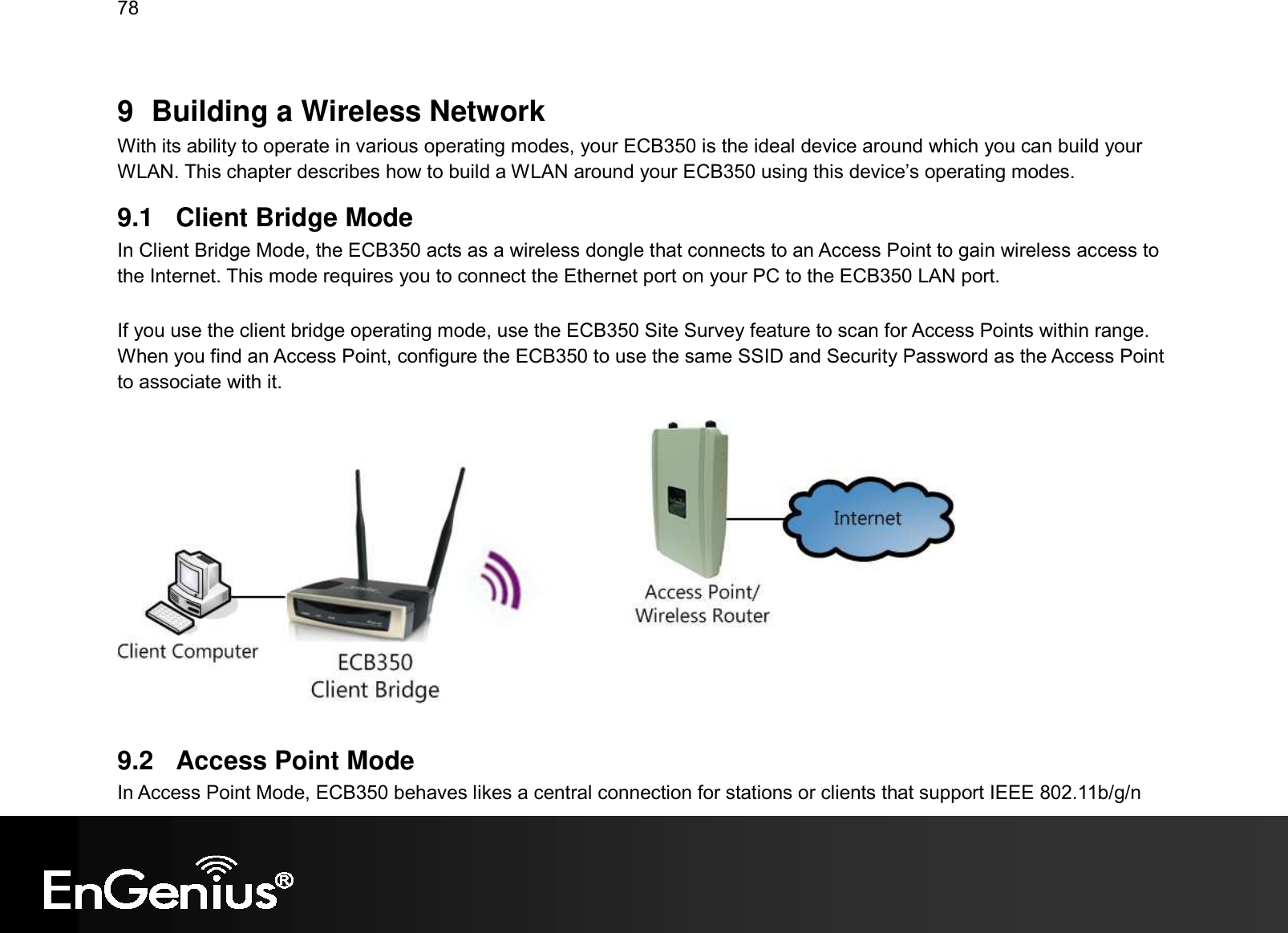 78  9  Building a Wireless Network With its ability to operate in various operating modes, your ECB350 is the ideal device around which you can build your WLAN. This chapter describes how to build a WLAN around your ECB350 using this device’s operating modes. 9.1  Client Bridge Mode In Client Bridge Mode, the ECB350 acts as a wireless dongle that connects to an Access Point to gain wireless access to the Internet. This mode requires you to connect the Ethernet port on your PC to the ECB350 LAN port.  If you use the client bridge operating mode, use the ECB350 Site Survey feature to scan for Access Points within range. When you find an Access Point, configure the ECB350 to use the same SSID and Security Password as the Access Point to associate with it.    9.2  Access Point Mode In Access Point Mode, ECB350 behaves likes a central connection for stations or clients that support IEEE 802.11b/g/n 