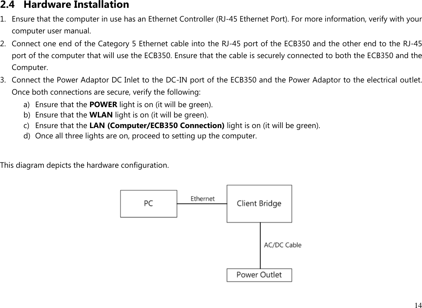 14  2.4 Hardware Installation 1. Ensure that the computer in use has an Ethernet Controller (RJ-45 Ethernet Port). For more information, verify with your computer user manual. 2. Connect one end of the Category 5 Ethernet cable into the RJ-45 port of the ECB350 and the other end to the RJ-45 port of the computer that will use the ECB350. Ensure that the cable is securely connected to both the ECB350 and the Computer. 3. Connect the Power Adaptor DC Inlet to the DC-IN port of the ECB350 and the Power Adaptor to the electrical outlet. Once both connections are secure, verify the following: a) Ensure that the POWER light is on (it will be green). b) Ensure that the WLAN light is on (it will be green). c) Ensure that the LAN (Computer/ECB350 Connection) light is on (it will be green). d) Once all three lights are on, proceed to setting up the computer.  This diagram depicts the hardware configuration.    