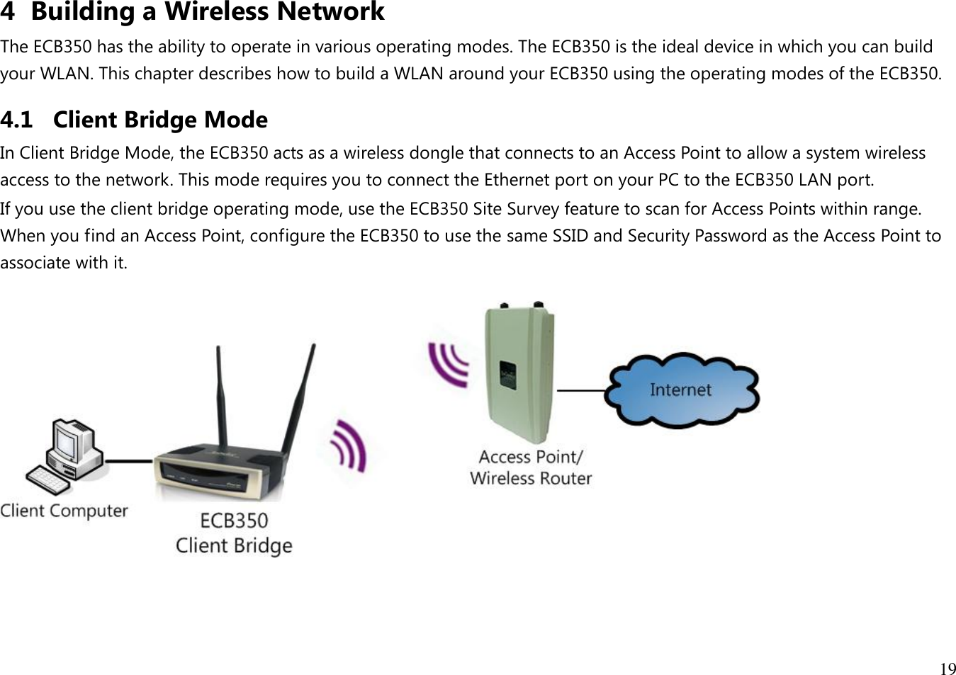 19  4 Building a Wireless Network The ECB350 has the ability to operate in various operating modes. The ECB350 is the ideal device in which you can build your WLAN. This chapter describes how to build a WLAN around your ECB350 using the operating modes of the ECB350. 4.1 Client Bridge Mode In Client Bridge Mode, the ECB350 acts as a wireless dongle that connects to an Access Point to allow a system wireless access to the network. This mode requires you to connect the Ethernet port on your PC to the ECB350 LAN port. If you use the client bridge operating mode, use the ECB350 Site Survey feature to scan for Access Points within range. When you find an Access Point, configure the ECB350 to use the same SSID and Security Password as the Access Point to associate with it.    