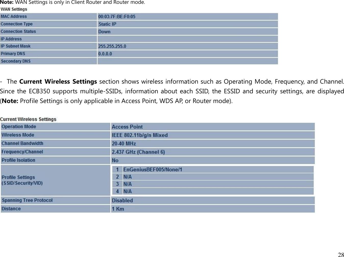 28  Note: WAN Settings is only in Client Router and Router mode.   -  The Current  Wireless  Settings section shows wireless information such as Operating Mode, Frequency, and Channel. Since the ECB350  supports multiple-SSIDs, information about  each SSID, the ESSID  and  security  settings,  are  displayed (Note: Profile Settings is only applicable in Access Point, WDS AP, or Router mode).     