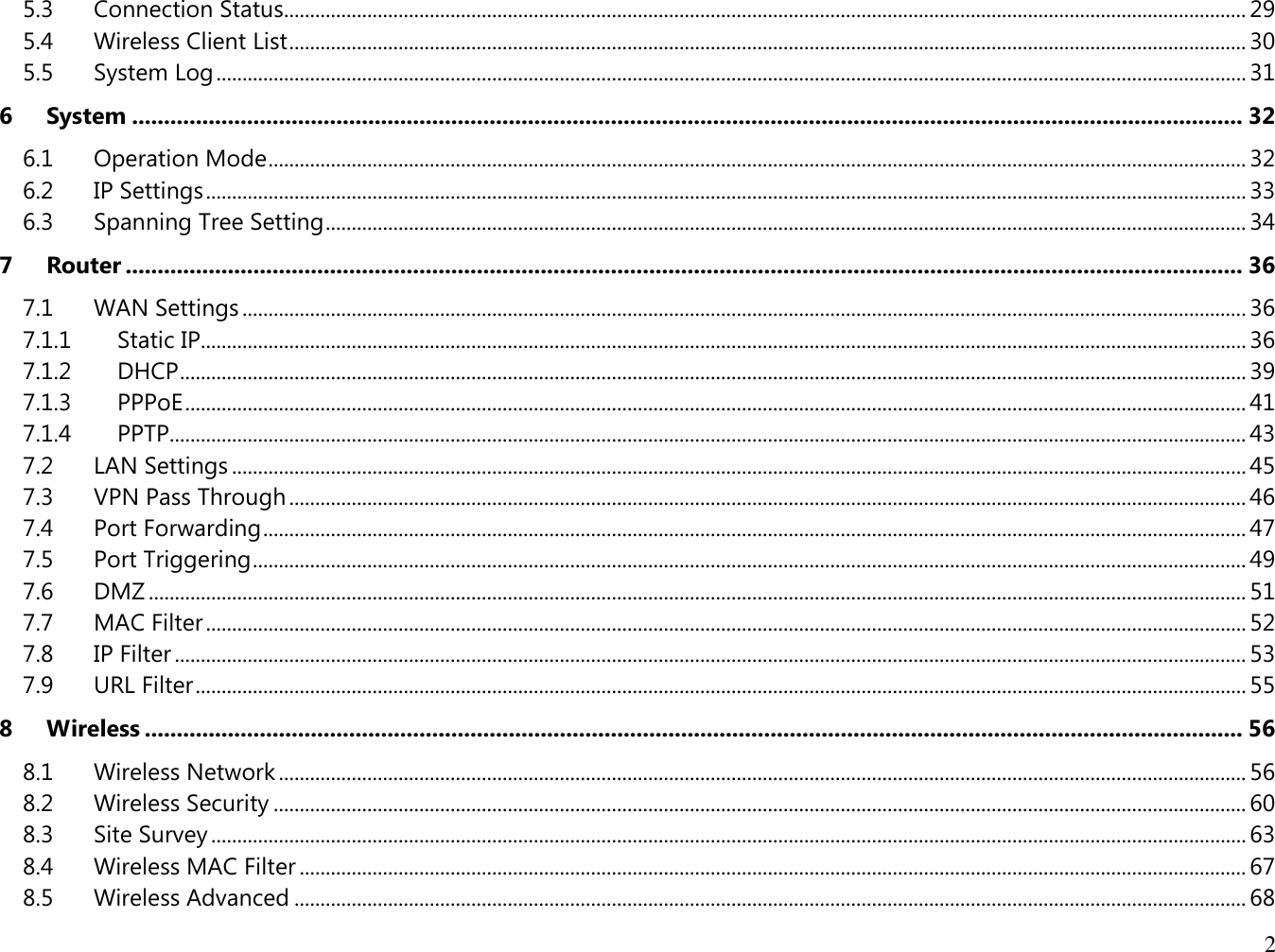 2  5.3  Connection Status......................................................................................................................................................................................... 29 5.4  Wireless Client List ........................................................................................................................................................................................ 30 5.5  System Log ...................................................................................................................................................................................................... 31 6 System .............................................................................................................................................................................. 32 6.1  Operation Mode ............................................................................................................................................................................................ 32 6.2  IP Settings ........................................................................................................................................................................................................ 33 6.3  Spanning Tree Setting ................................................................................................................................................................................. 34 7 Router ............................................................................................................................................................................... 36 7.1  WAN Settings ................................................................................................................................................................................................. 36 7.1.1  Static IP......................................................................................................................................................................................................... 36 7.1.2  DHCP ............................................................................................................................................................................................................. 39 7.1.3  PPPoE ............................................................................................................................................................................................................ 41 7.1.4  PPTP............................................................................................................................................................................................................... 43 7.2  LAN Settings ................................................................................................................................................................................................... 45 7.3  VPN Pass Through ........................................................................................................................................................................................ 46 7.4  Port Forwarding ............................................................................................................................................................................................. 47 7.5  Port Triggering ............................................................................................................................................................................................... 49 7.6  DMZ ................................................................................................................................................................................................................... 51 7.7  MAC Filter ........................................................................................................................................................................................................ 52 7.8  IP Filter .............................................................................................................................................................................................................. 53 7.9  URL Filter .......................................................................................................................................................................................................... 55 8 Wireless ............................................................................................................................................................................ 56 8.1  Wireless Network .......................................................................................................................................................................................... 56 8.2  Wireless Security ........................................................................................................................................................................................... 60 8.3  Site Survey ....................................................................................................................................................................................................... 63 8.4  Wireless MAC Filter ...................................................................................................................................................................................... 67 8.5  Wireless Advanced ....................................................................................................................................................................................... 68 