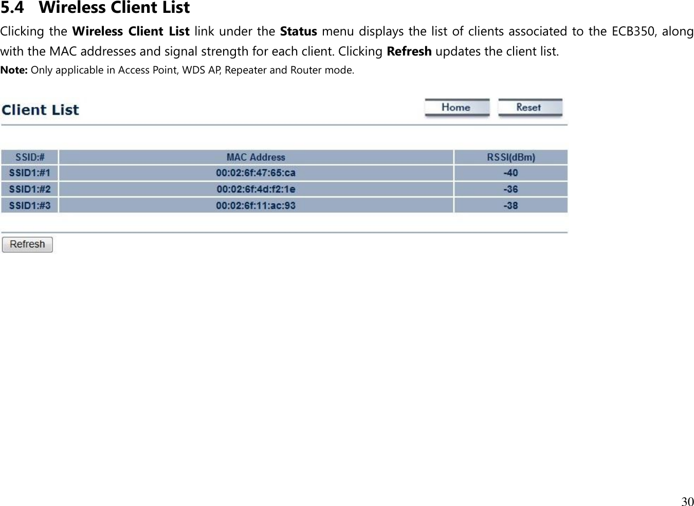 30  5.4 Wireless Client List Clicking the Wireless  Client  List link under the Status menu displays the list of clients associated to the ECB350, along with the MAC addresses and signal strength for each client. Clicking Refresh updates the client list. Note: Only applicable in Access Point, WDS AP, Repeater and Router mode.       