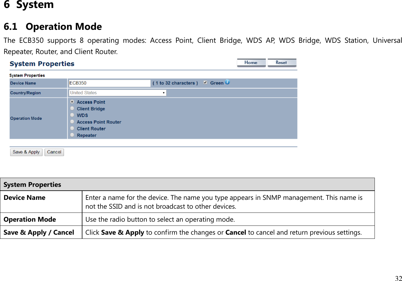 32  6 System 6.1 Operation Mode The  ECB350  supports  8  operating  modes:  Access  Point,  Client  Bridge,  WDS  AP,  WDS  Bridge,  WDS  Station,  Universal Repeater, Router, and Client Router.  System Properties Device Name Enter a name for the device. The name you type appears in SNMP management. This name is not the SSID and is not broadcast to other devices. Operation Mode Use the radio button to select an operating mode. Save &amp; Apply / Cancel Click Save &amp; Apply to confirm the changes or Cancel to cancel and return previous settings.  